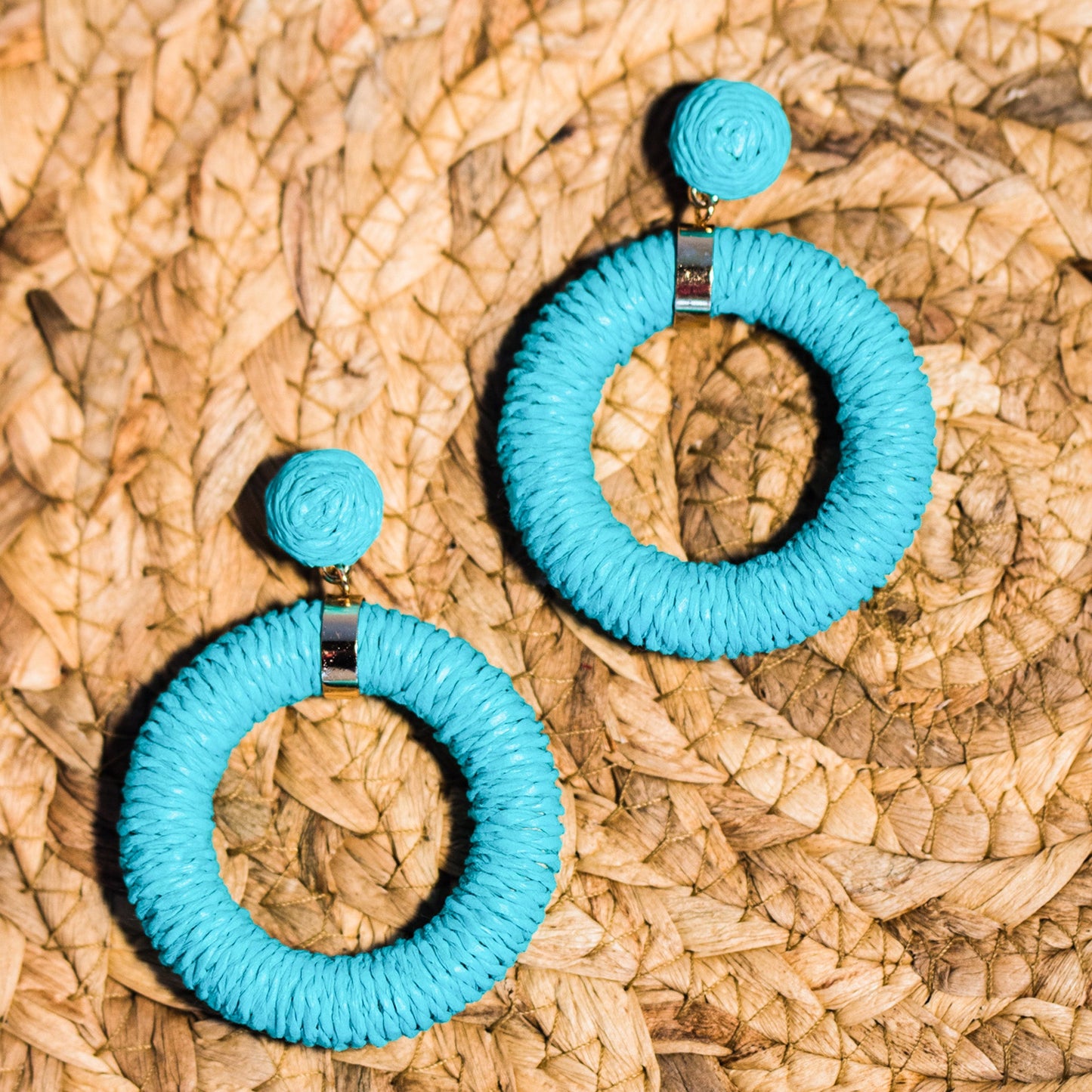 Teal Raffia Wrapped Hoops