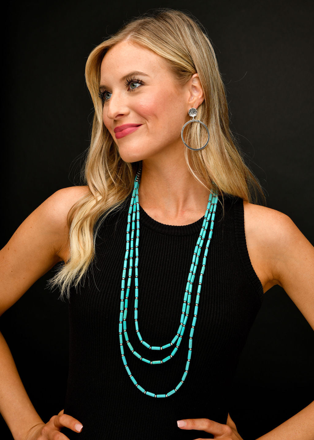 Three Strand Turquoise Tube Bead and Faux Navajo Pearl Necklace