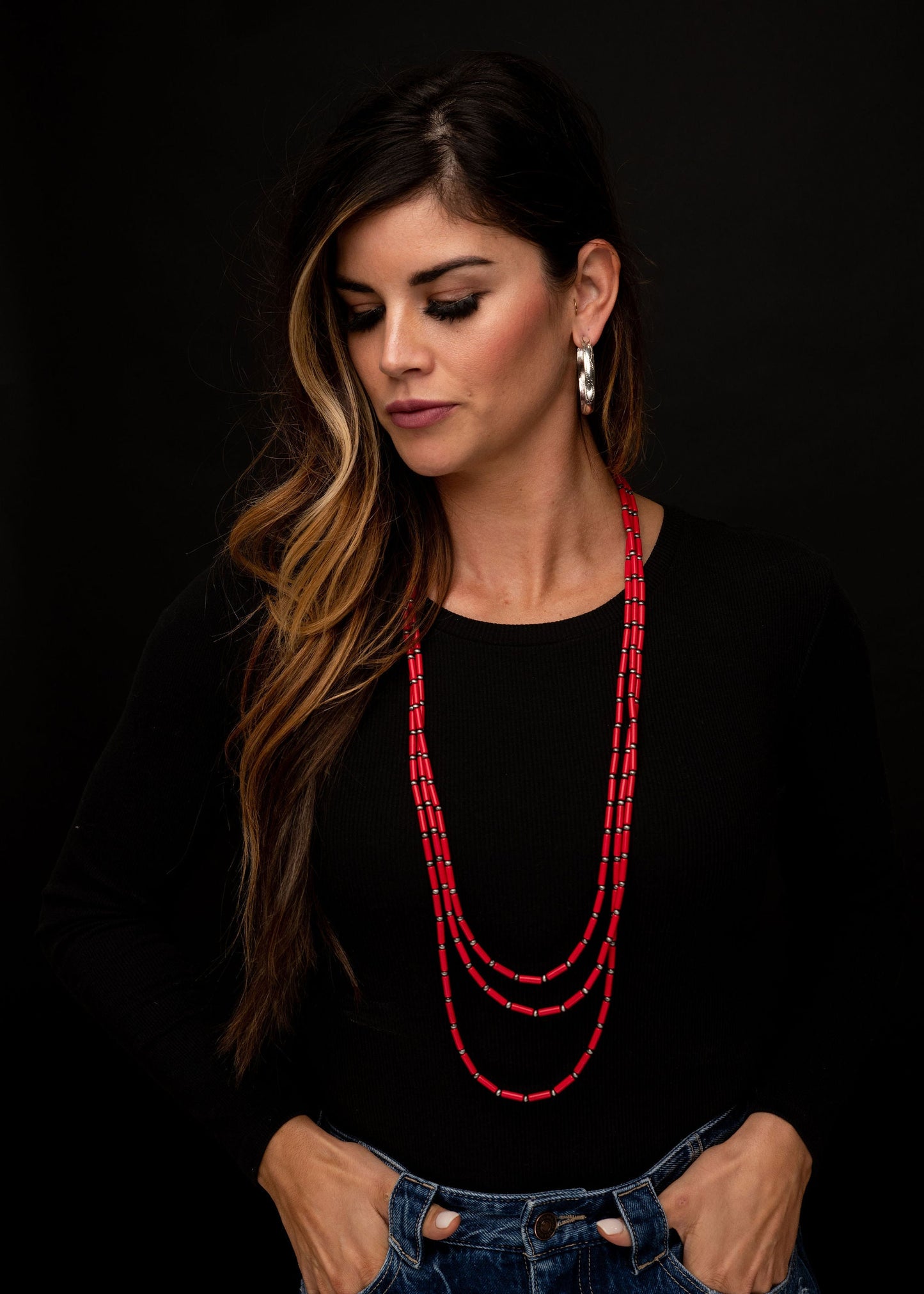 Three Strand Red Tube Bead and Navajo Pearl Necklace