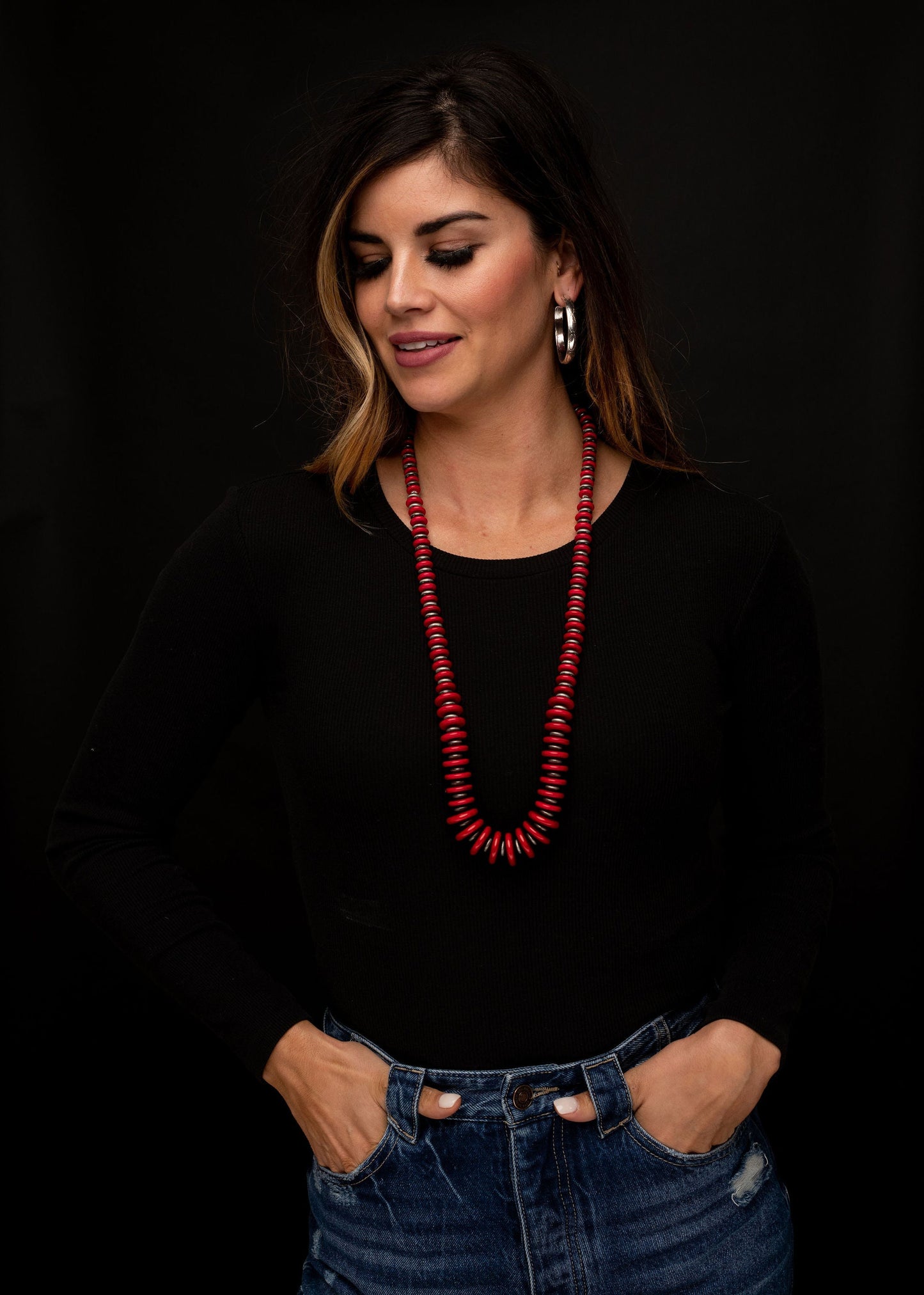 Navajo Pearl and Red Disc Necklace