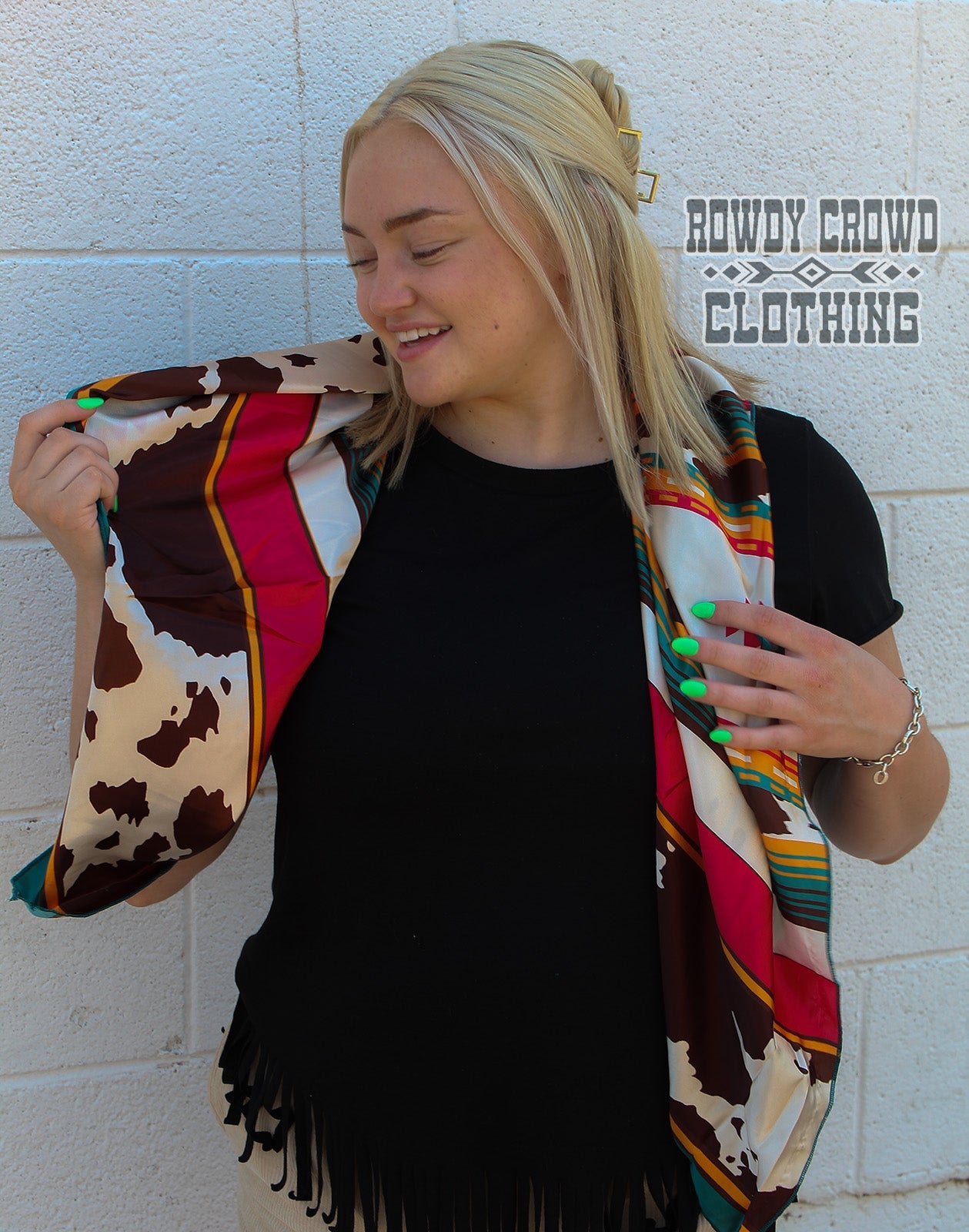 Women's scarf, Western Accessories, Western Apparel, Western Wholesale, western wild rags, cowboy rags, cowboy scarf, Wholesale Accessories, Wholesale Apparel, colorful wild rags, bright wild rags, aztec wild rag, aztec and cow print, cow print wild rag