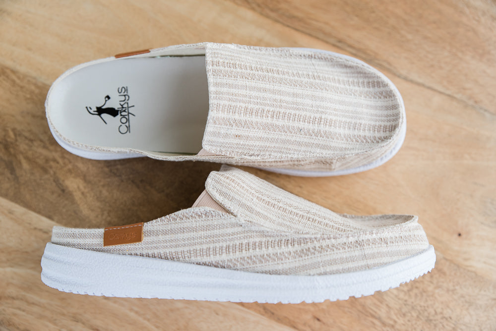 My Tan Striped Pontoons