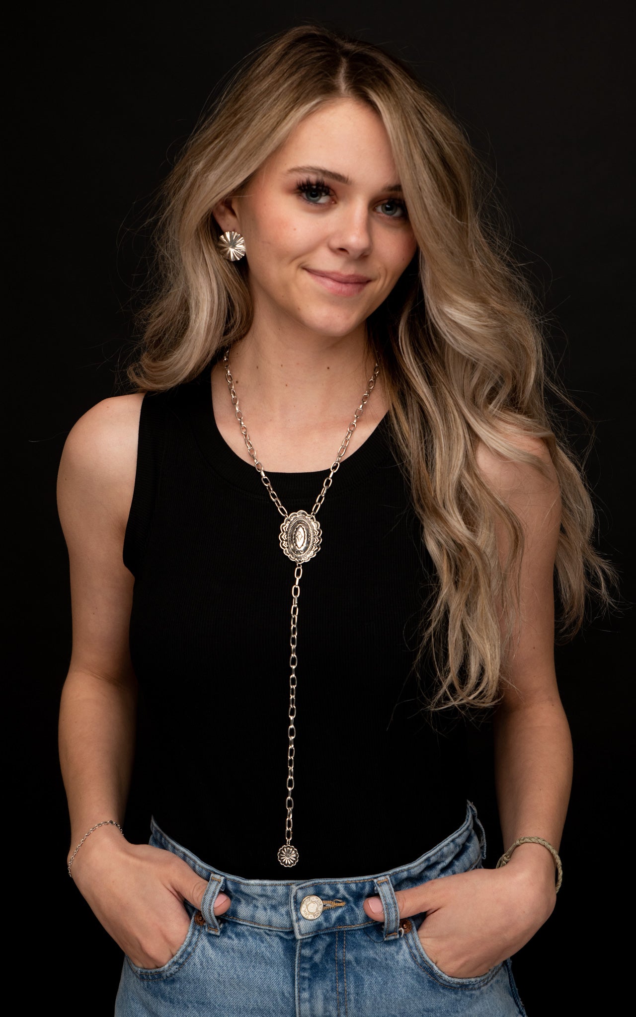 Silver Chain Lariat with Concho Accents