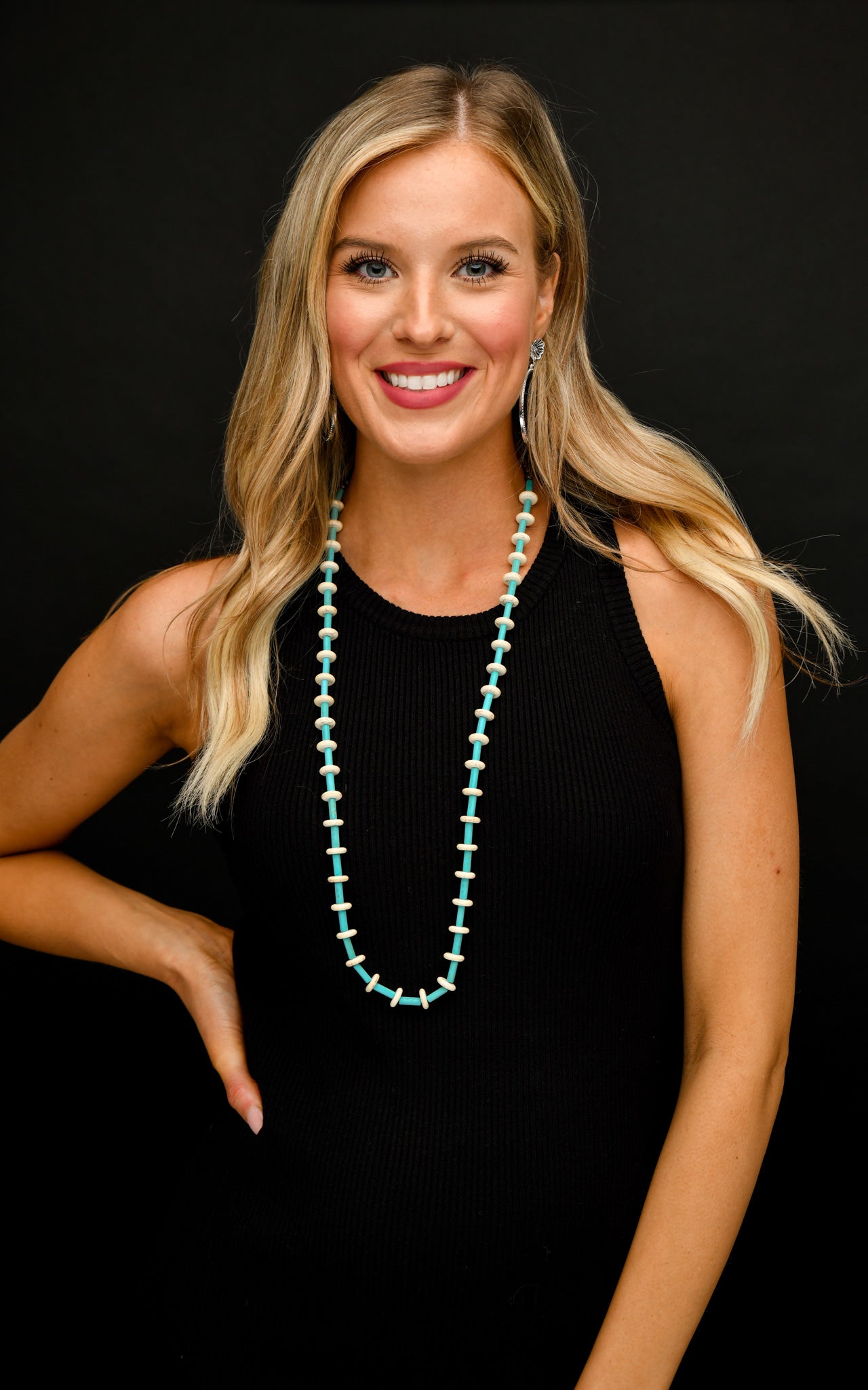 Turquoise Tube and Ivory Disc Beaded Necklace
