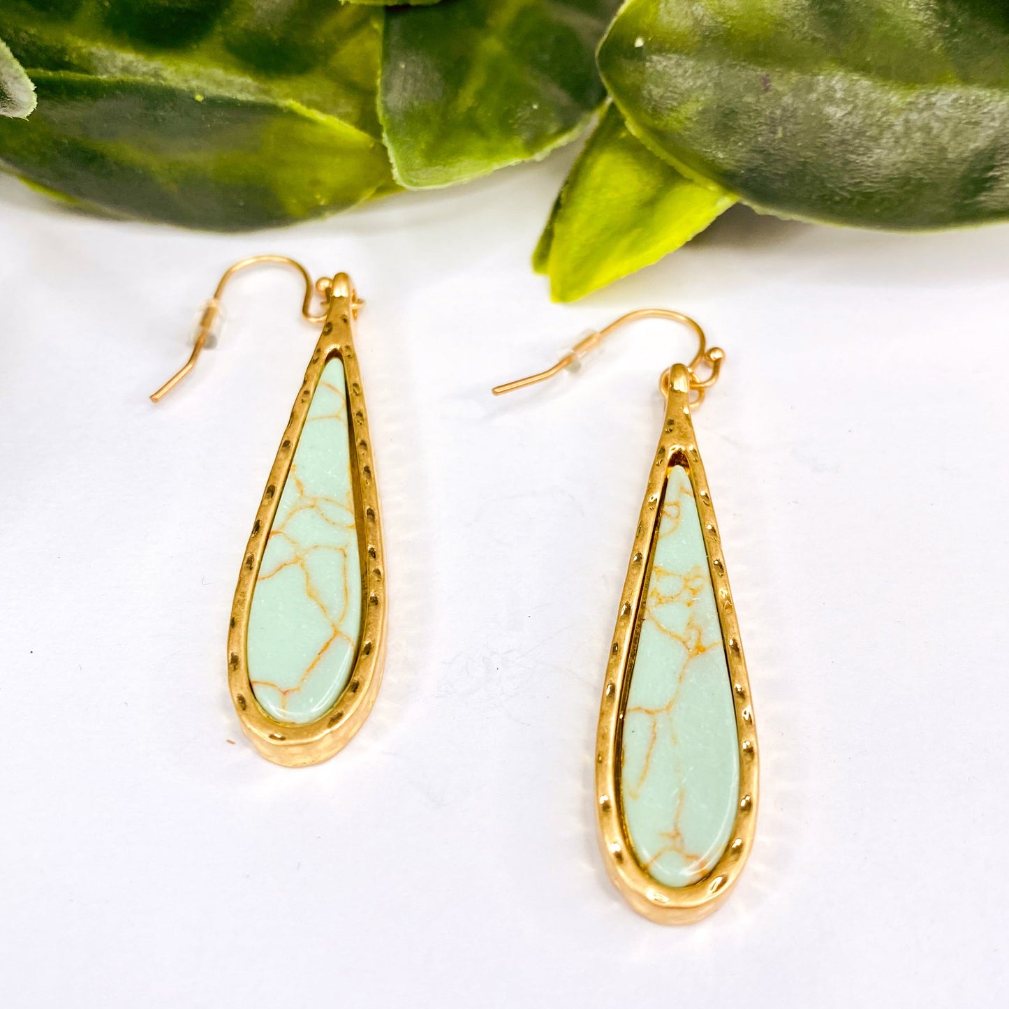 Hammered Gold Teardrop Earrings with Turquoise Accent
