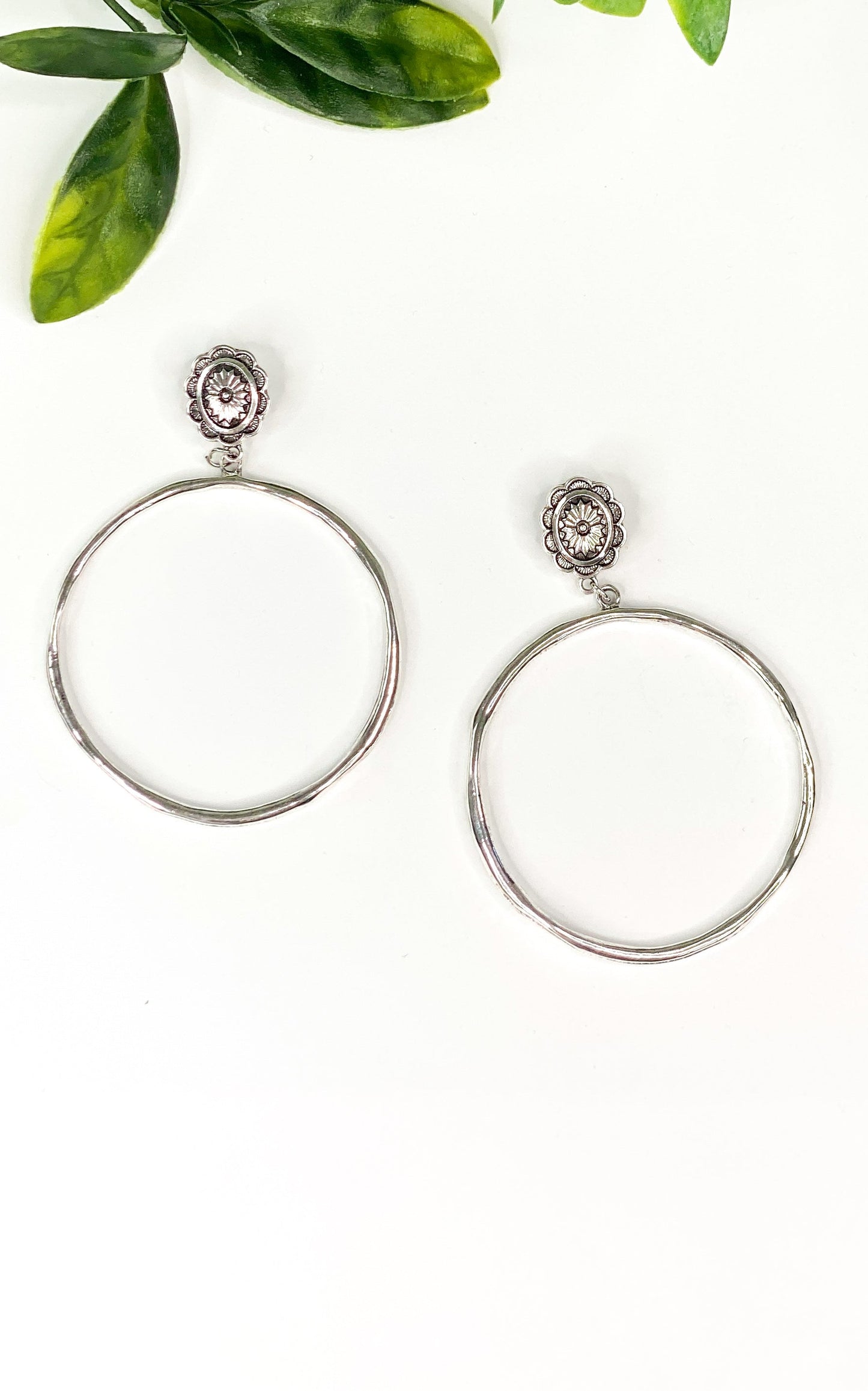 Burnished Hammer Hoop Earring with Silver Flower Post