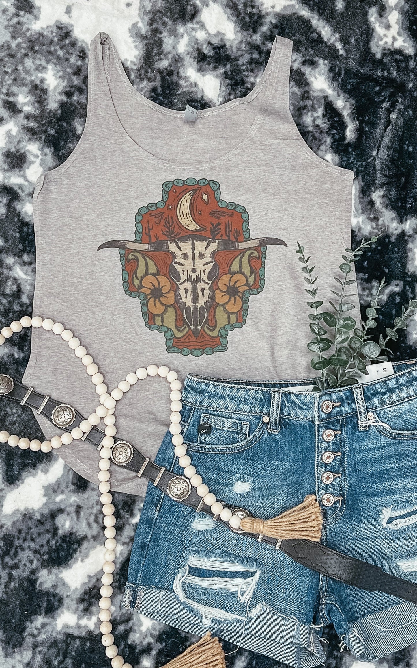 Moonlight Floral Bull Skull TANK