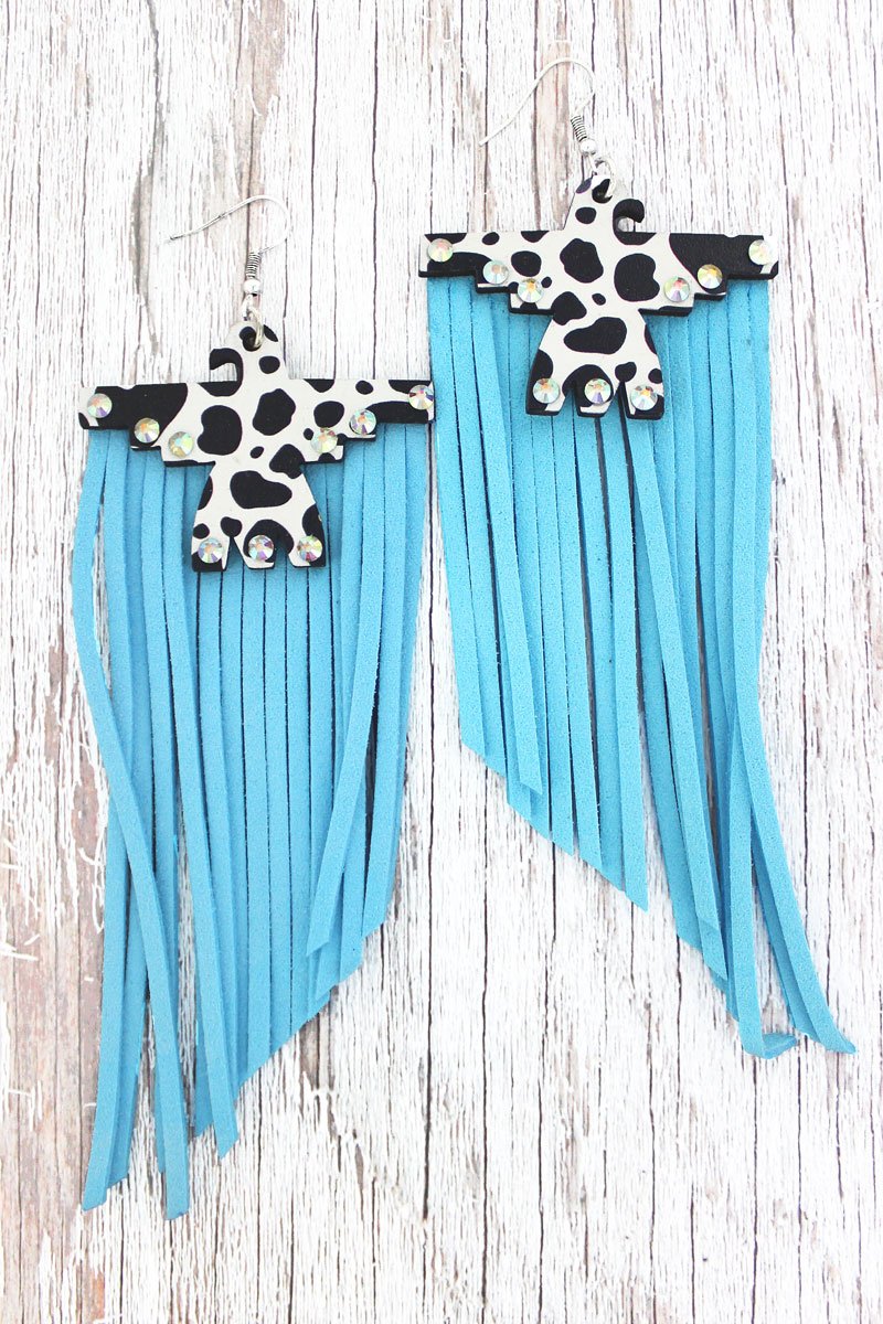 CRYSTAL COW WOOD THUNDERBIRD BLUE FRINGE EARRINGS