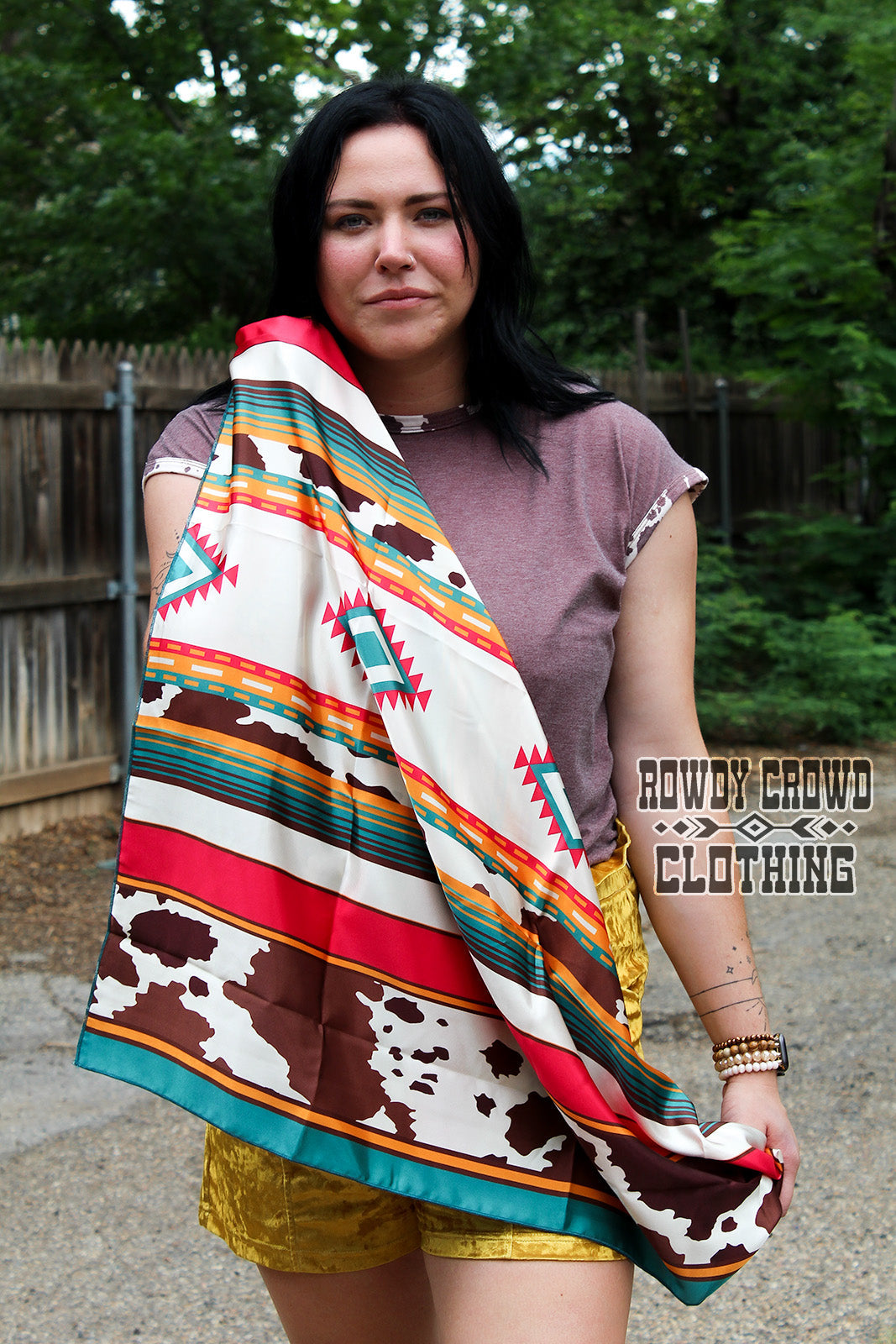 Women's scarf, Western Accessories, Western Apparel, Western Wholesale, western wild rags, cowboy rags, cowboy scarf, Wholesale Accessories, Wholesale Apparel, colorful wild rags, bright wild rags, aztec wild rag, aztec and cow print, cow print wild rag
