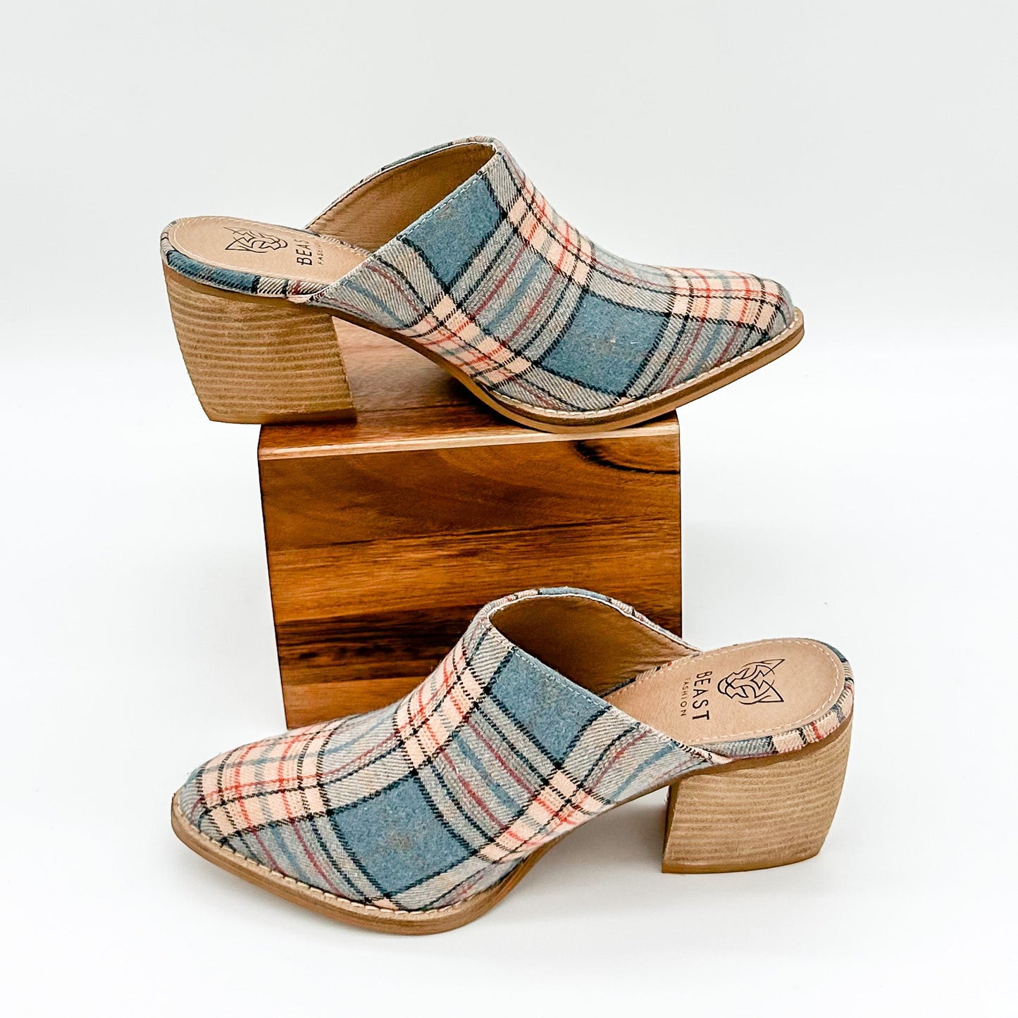 Beast Angela Mules in Blue Plaid