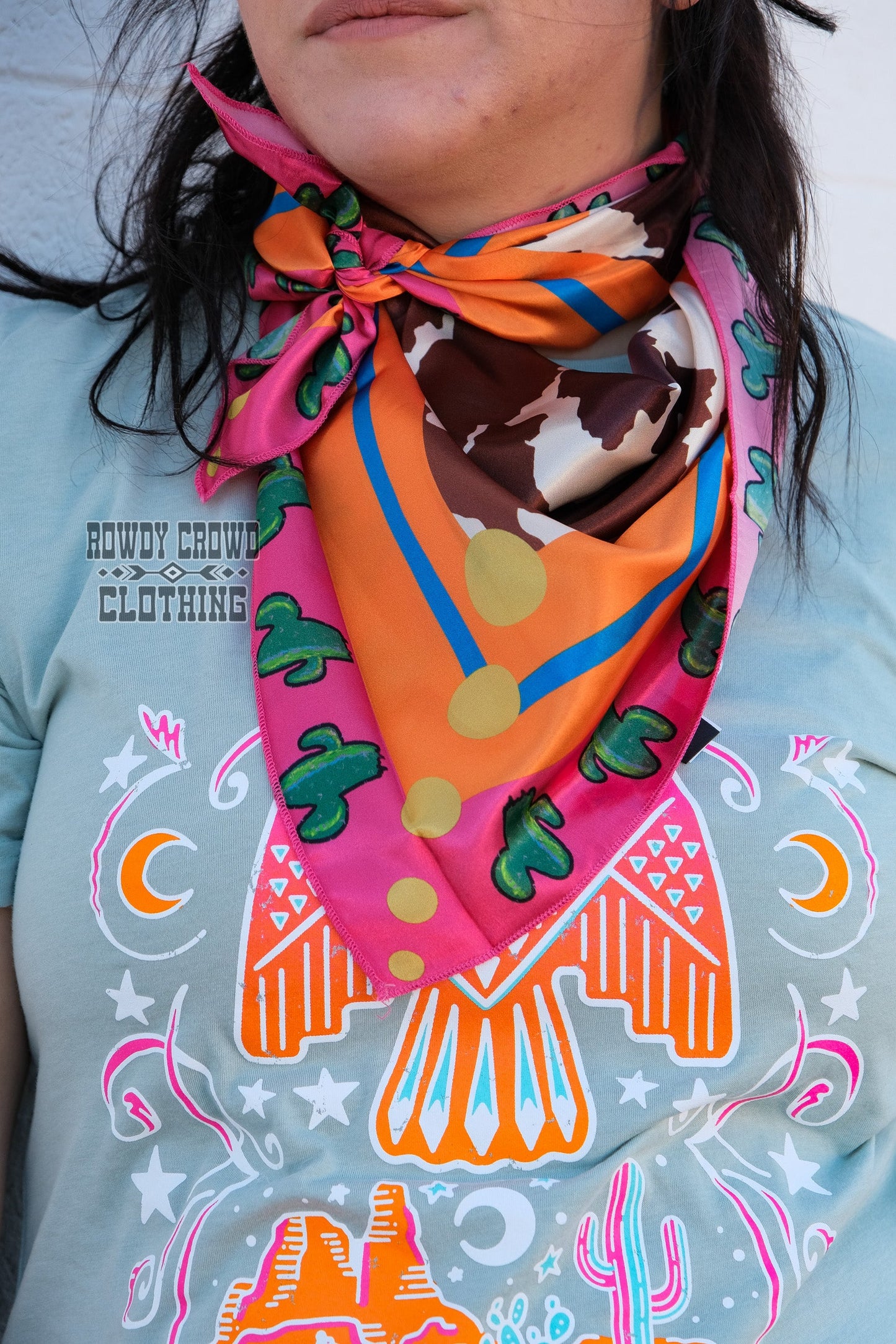 Women's scarf, Western Accessories, Western Apparel, Western Wholesale, western wild rags, cowboy rags, cowboy scarf, Wholesale Accessories, Wholesale Apparel, colorful wild rags, bright wild rags, cactus wild rag, cactus and cow print, cow print wild rag