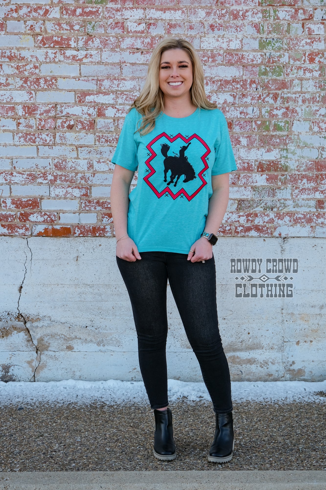 womens apparel, womens western tops, western tops, western apparel, western attire, embroidered tops, southwestern tops, southwestern style, womens western fashion, western wholesale, wholesale clothing and accessories wholesale clothing, western wholesale clothing, bronc, bronc riding, bronc tee, bronc riding tee