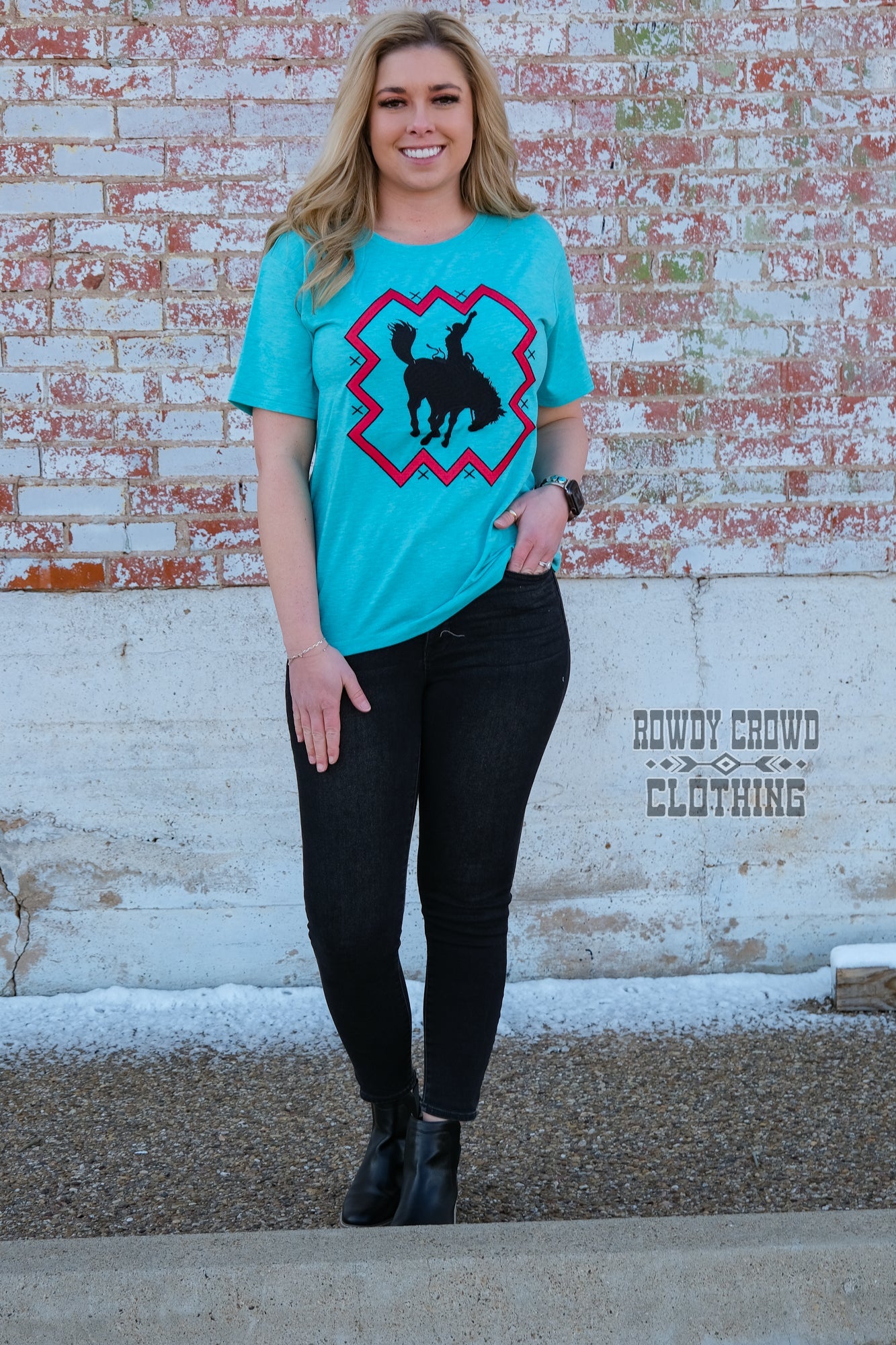womens apparel, womens western tops, western tops, western apparel, western attire, embroidered tops, southwestern tops, southwestern style, womens western fashion, western wholesale, wholesale clothing and accessories wholesale clothing, western wholesale clothing, bronc, bronc riding, bronc tee, bronc riding tee