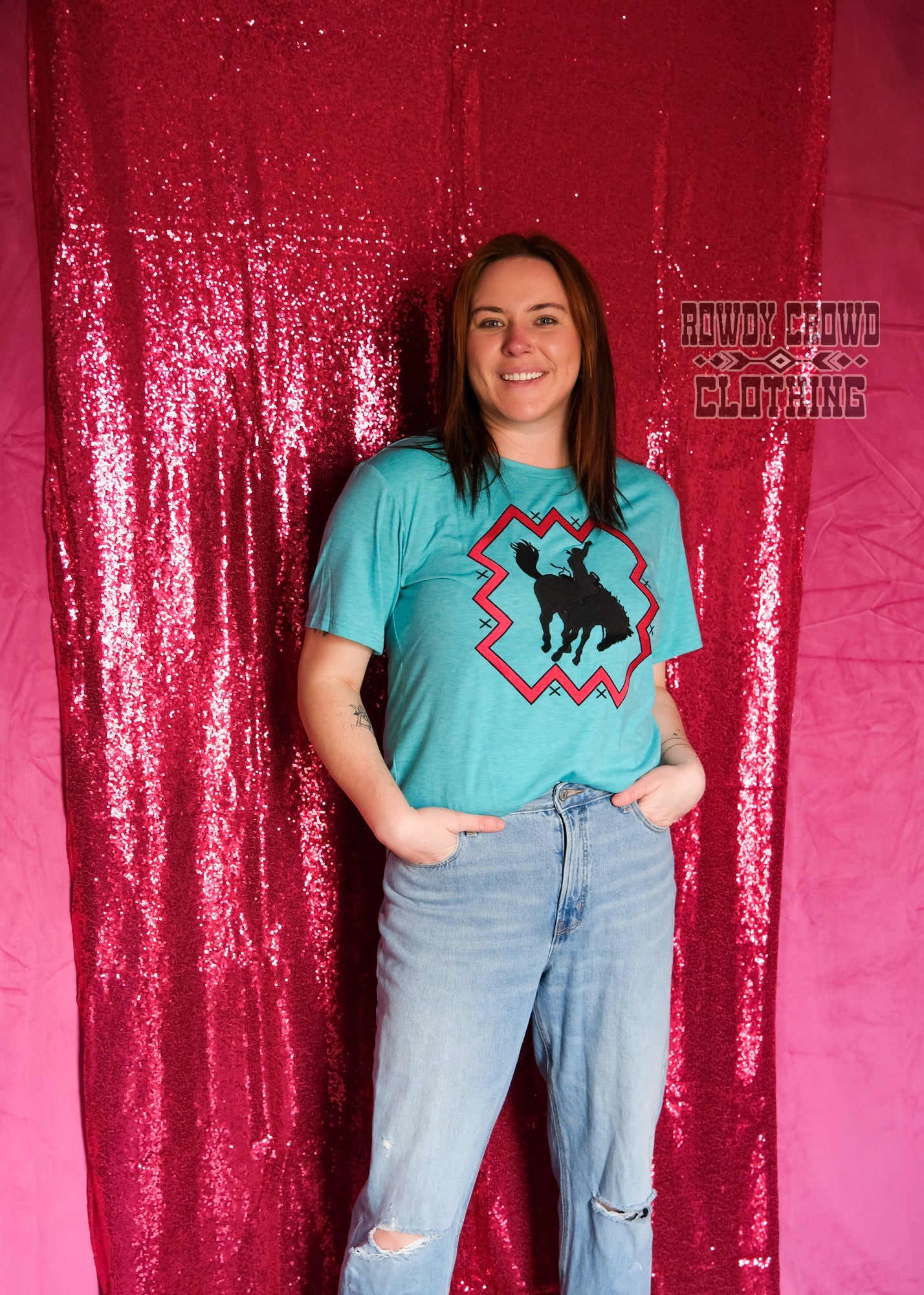 womens apparel, womens western tops, western tops, western apparel, western attire, embroidered tops, southwestern tops, southwestern style, womens western fashion, western wholesale, wholesale clothing and accessories wholesale clothing, western wholesale clothing, bronc, bronc riding, bronc tee, bronc riding tee