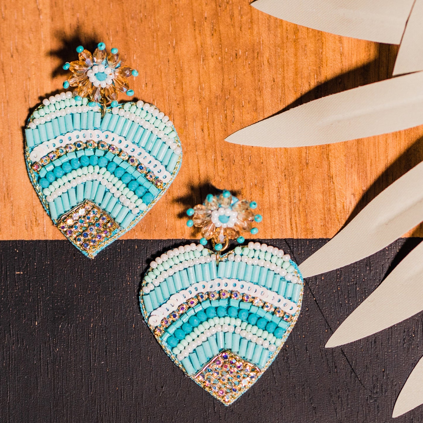 Turquoise and Gold Seed Bead Heart Earrings