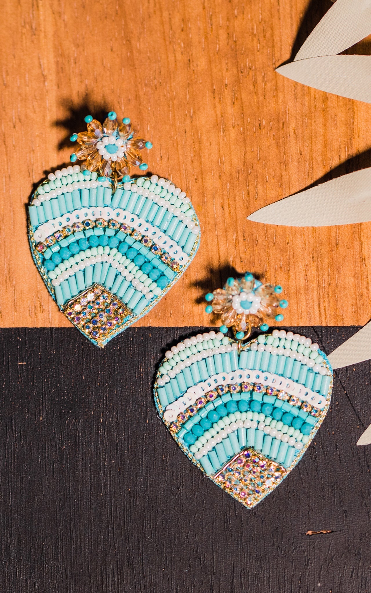 Turquoise and Gold Seed Bead Heart Earrings