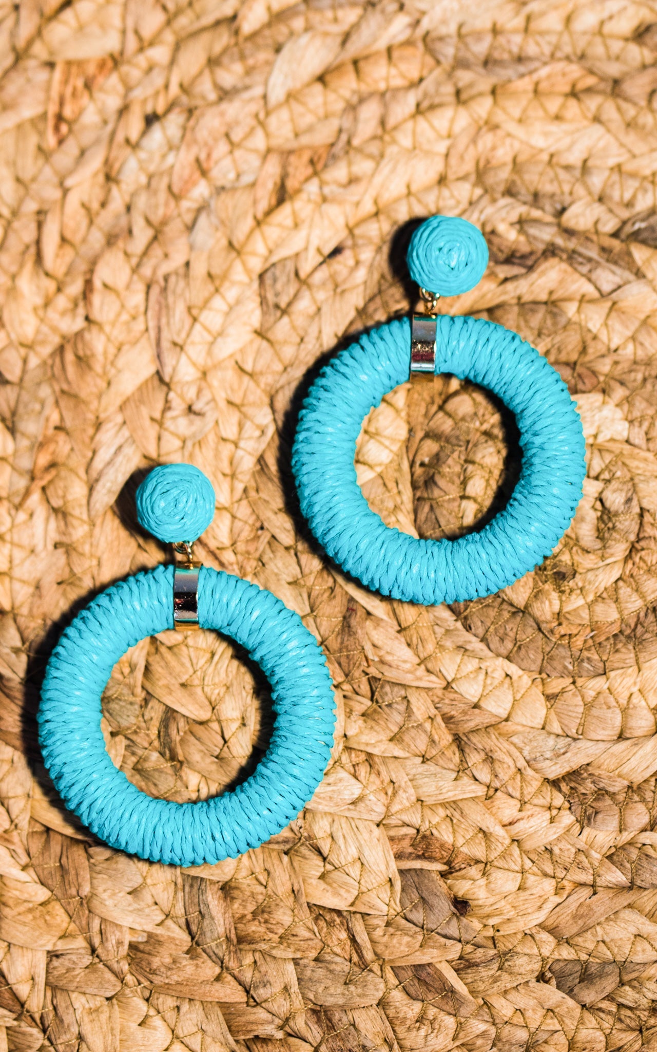Teal Raffia Wrapped Hoops