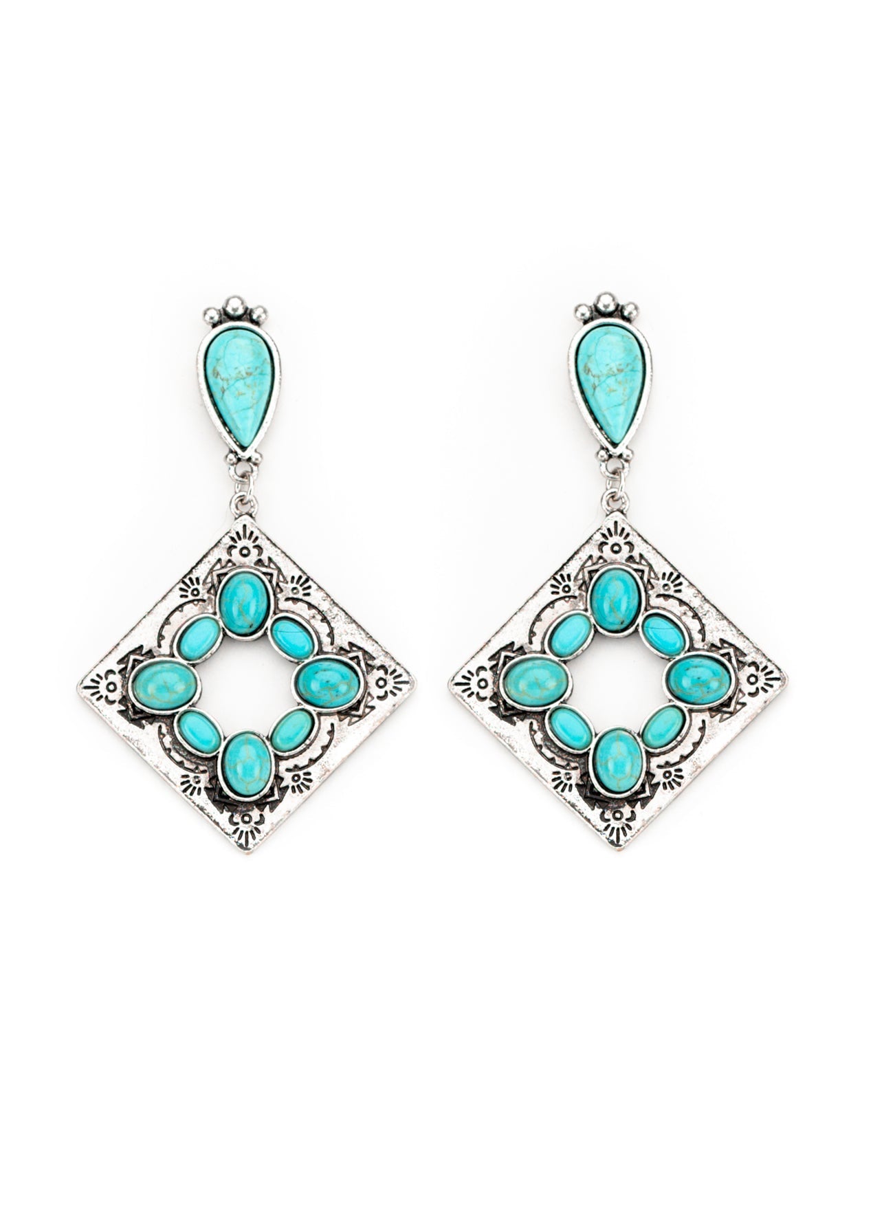 Burnished Silver Stamped Diamond Post Earring with Turquoise