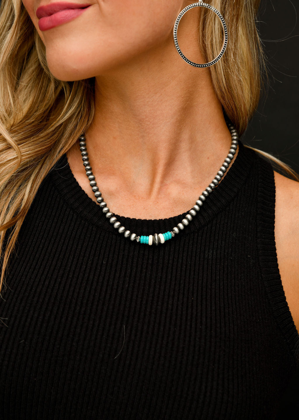 Faux Navajo Pearl Necklace with Ivory and Turquoise Beaded Accent