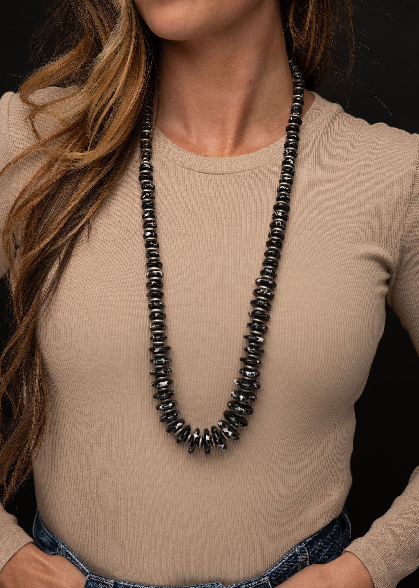 Navajo Pearl and Black Disc Necklace