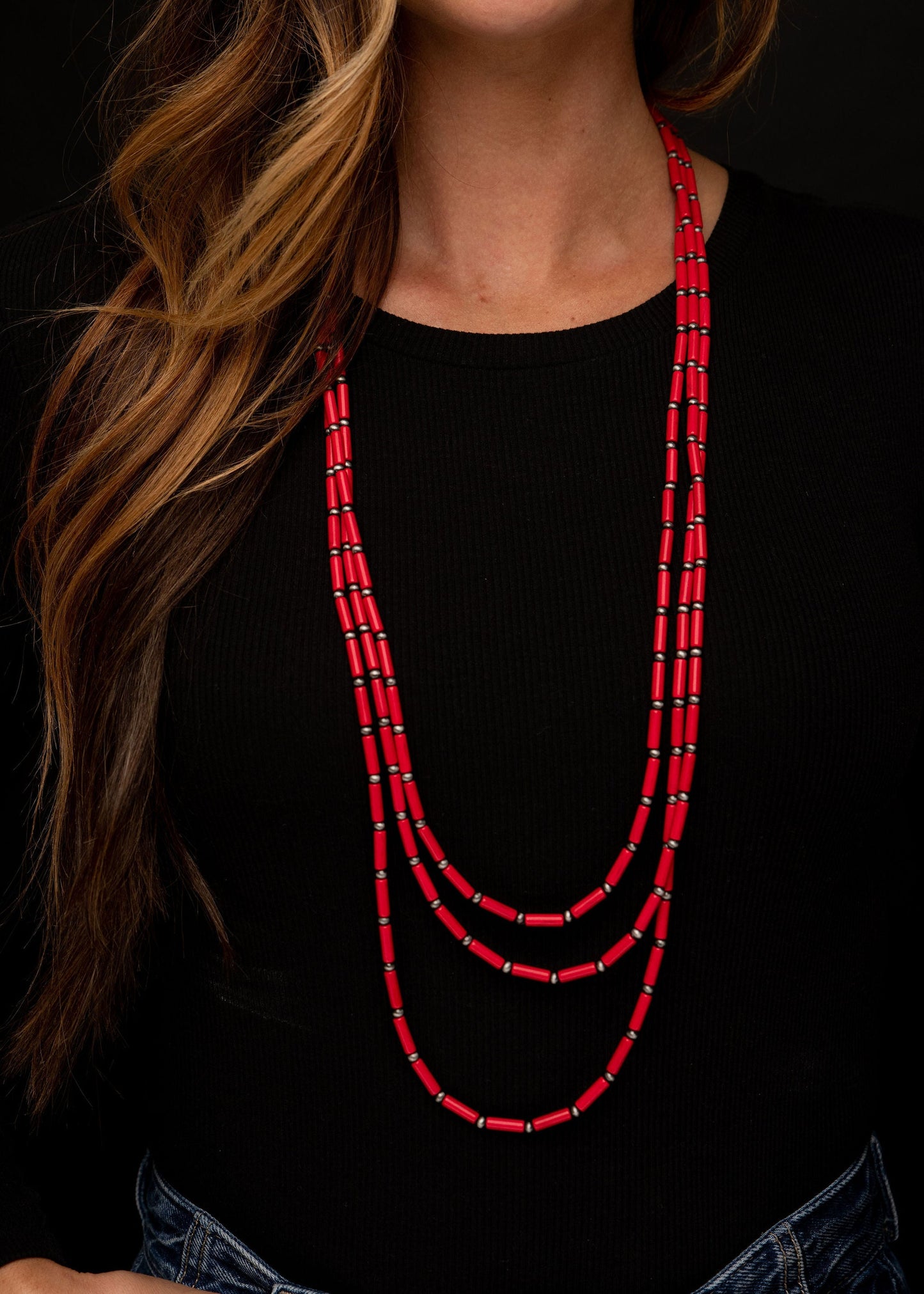 Three Strand Red Tube Bead and Navajo Pearl Necklace