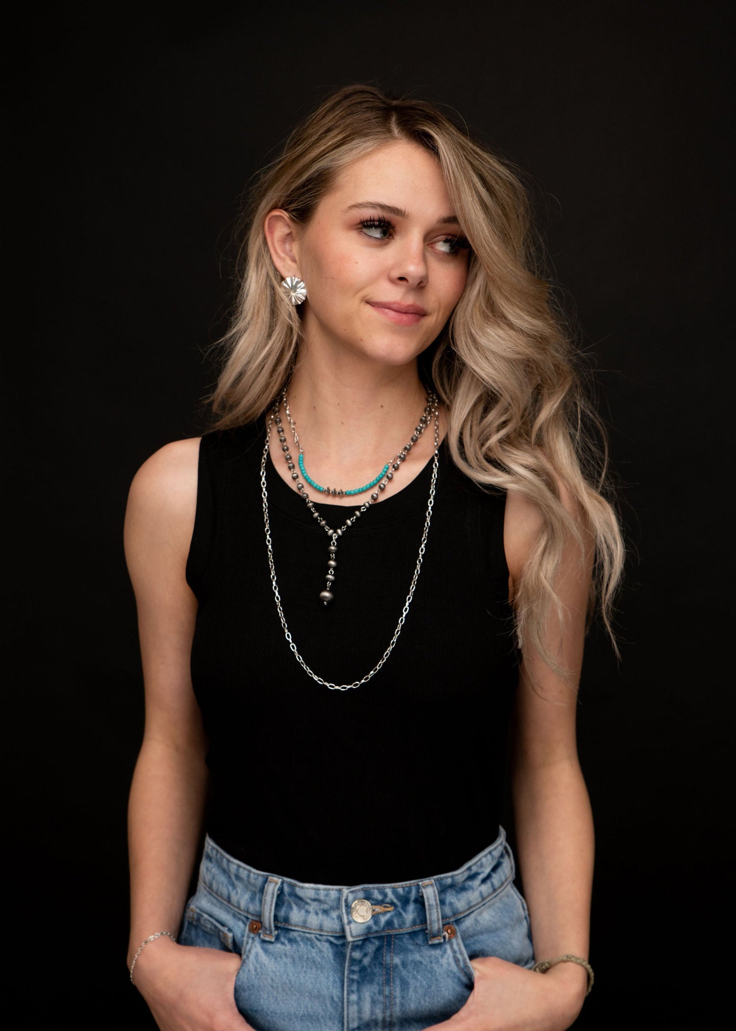 Multi Layer Burnished Silver Chain and Turquoise Necklace