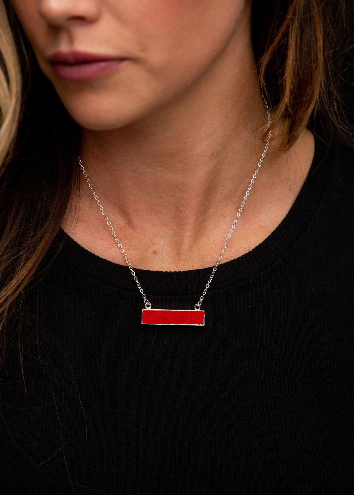 Silver Necklace with Red Bar Pendant