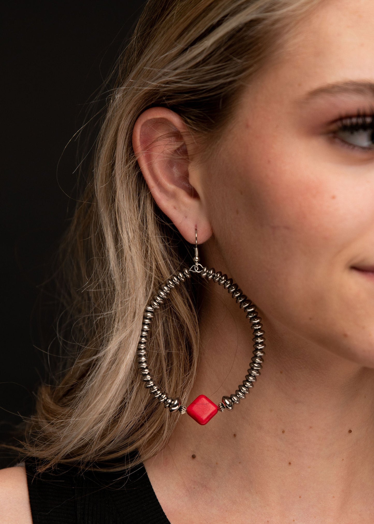 Silver Disc Bead Hoops with Red Accent Earrings