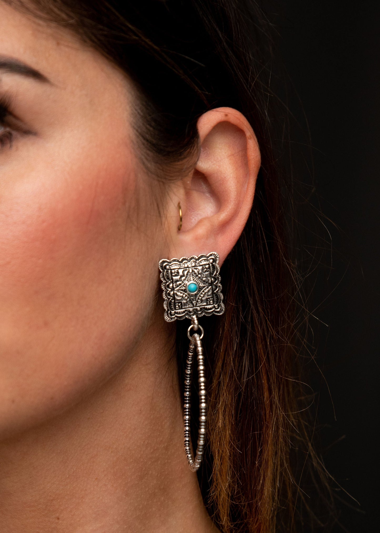 Stamped Square Post and Silver Dotted Hoop Earrings