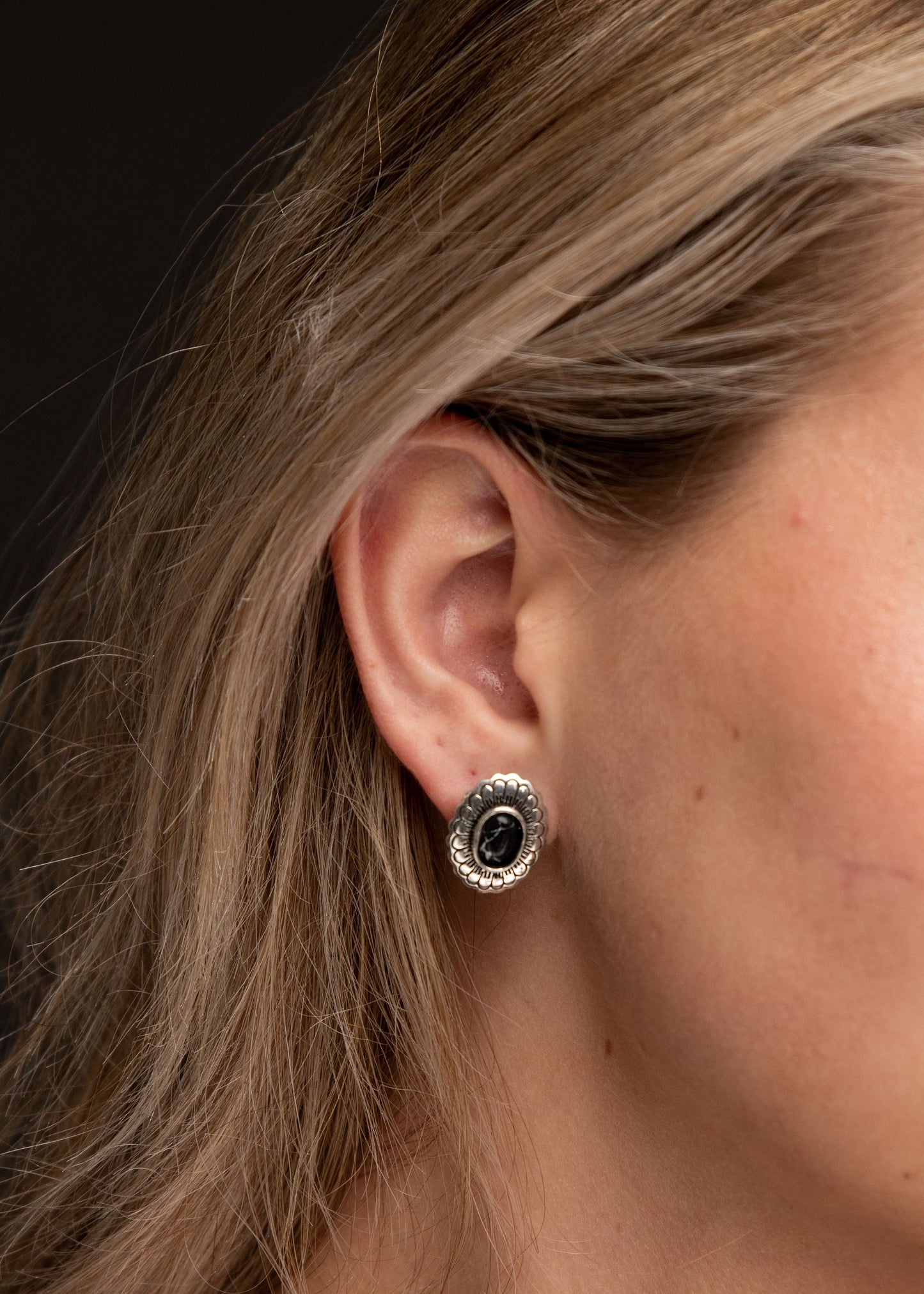 Floral Concho Post Earrings with Black Accent