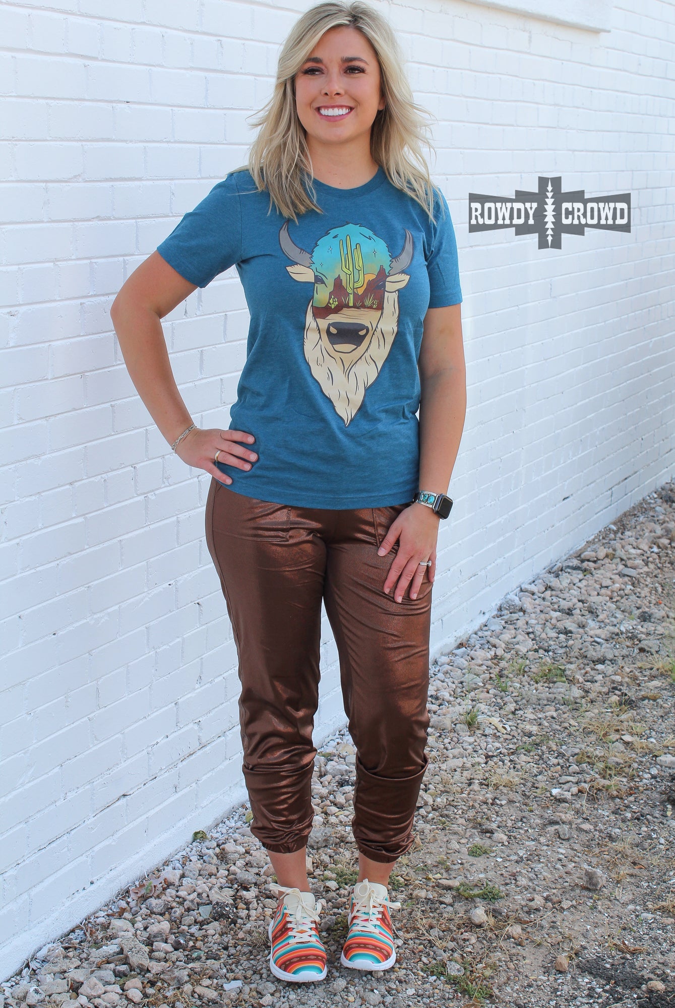 western apparel, western graphic tee, graphic western tees, wholesale clothing, western wholesale, women's western graphic tees, wholesale clothing and jewelry, western boutique clothing, western women's graphic tee, bright buffalo graphic tee, desert buffalo graphic tee, desert scene, buffalo, bright graphic tee, colorful graphic tee, buffalo graphic tee, colorful western graphic tee, western desert graphic tee