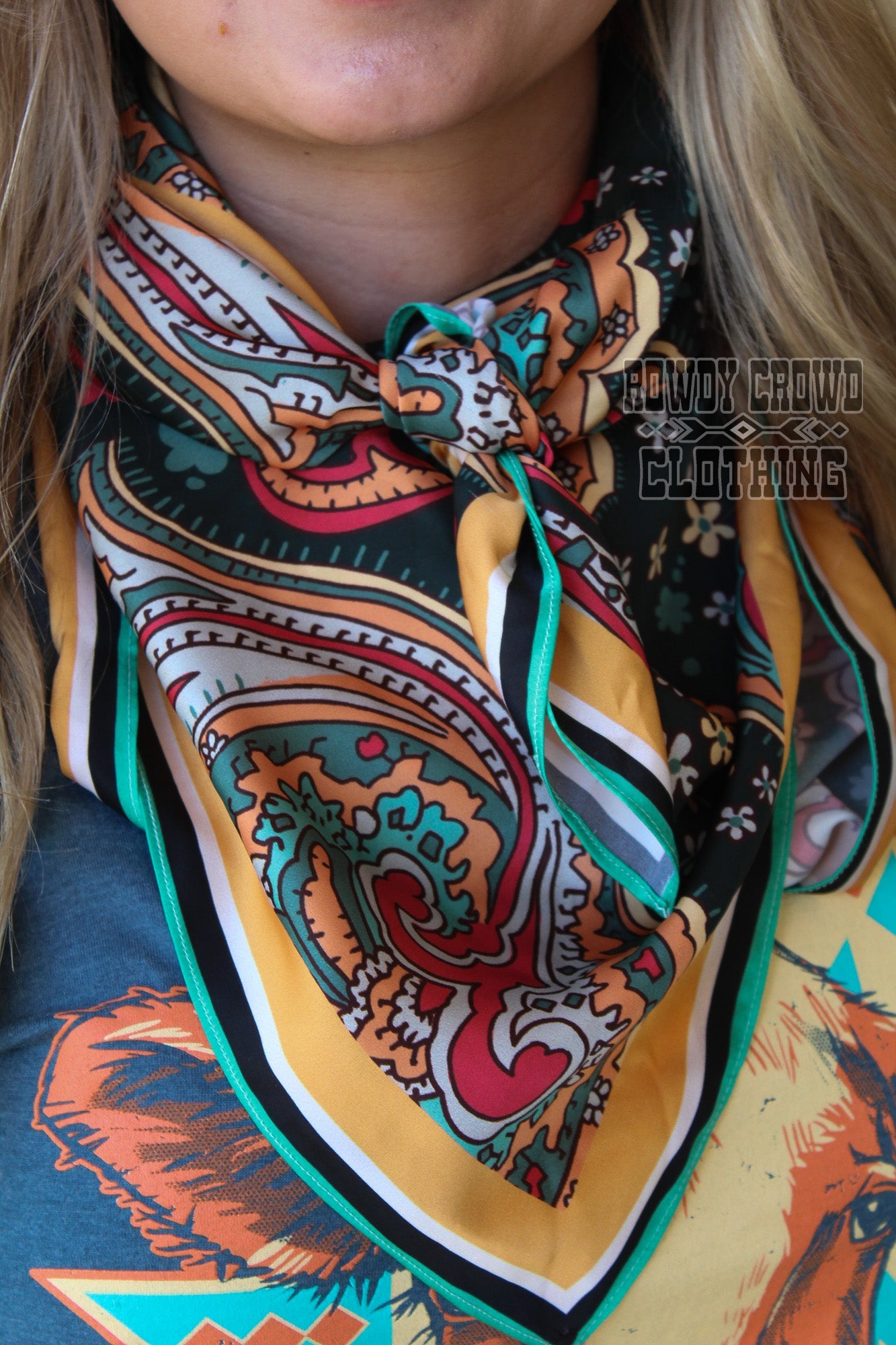 Women's scarf, Western Accessories, Western Apparel, Western Wholesale, western wild rags, cowboy rags, cowboy scarf, Wholesale Accessories, Wholesale Apparel, colorful wild rags, bright wild rags, boho western, paisley print, paisley wild rag