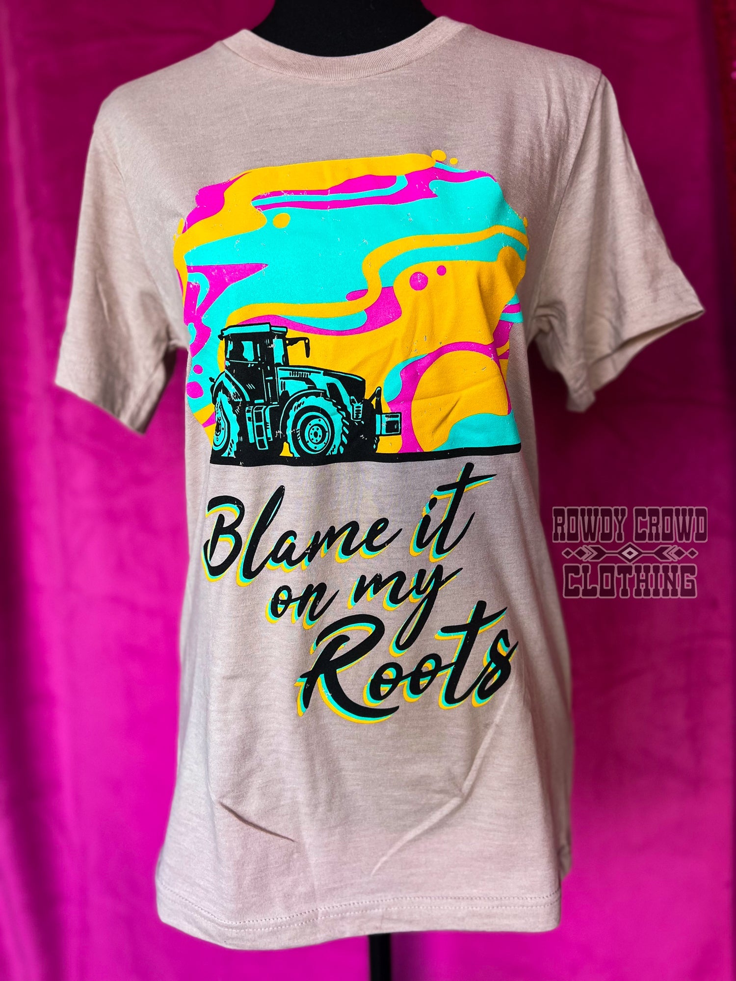 western apparel, western graphic tee, graphic western tees, wholesale clothing, western wholesale, women's western graphic tees, wholesale clothing and jewelry, western boutique clothing, western women's graphic tee, blame it on my roots tee, farming tee, women's farming tee, women's western tee, women's tractor tee