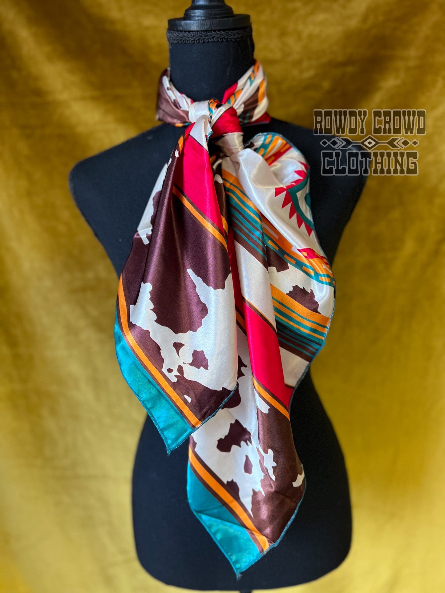 Women's scarf, Western Accessories, Western Apparel, Western Wholesale, western wild rags, cowboy rags, cowboy scarf, Wholesale Accessories, Wholesale Apparel, colorful wild rags, bright wild rags, aztec wild rag, aztec and cow print, cow print wild rag