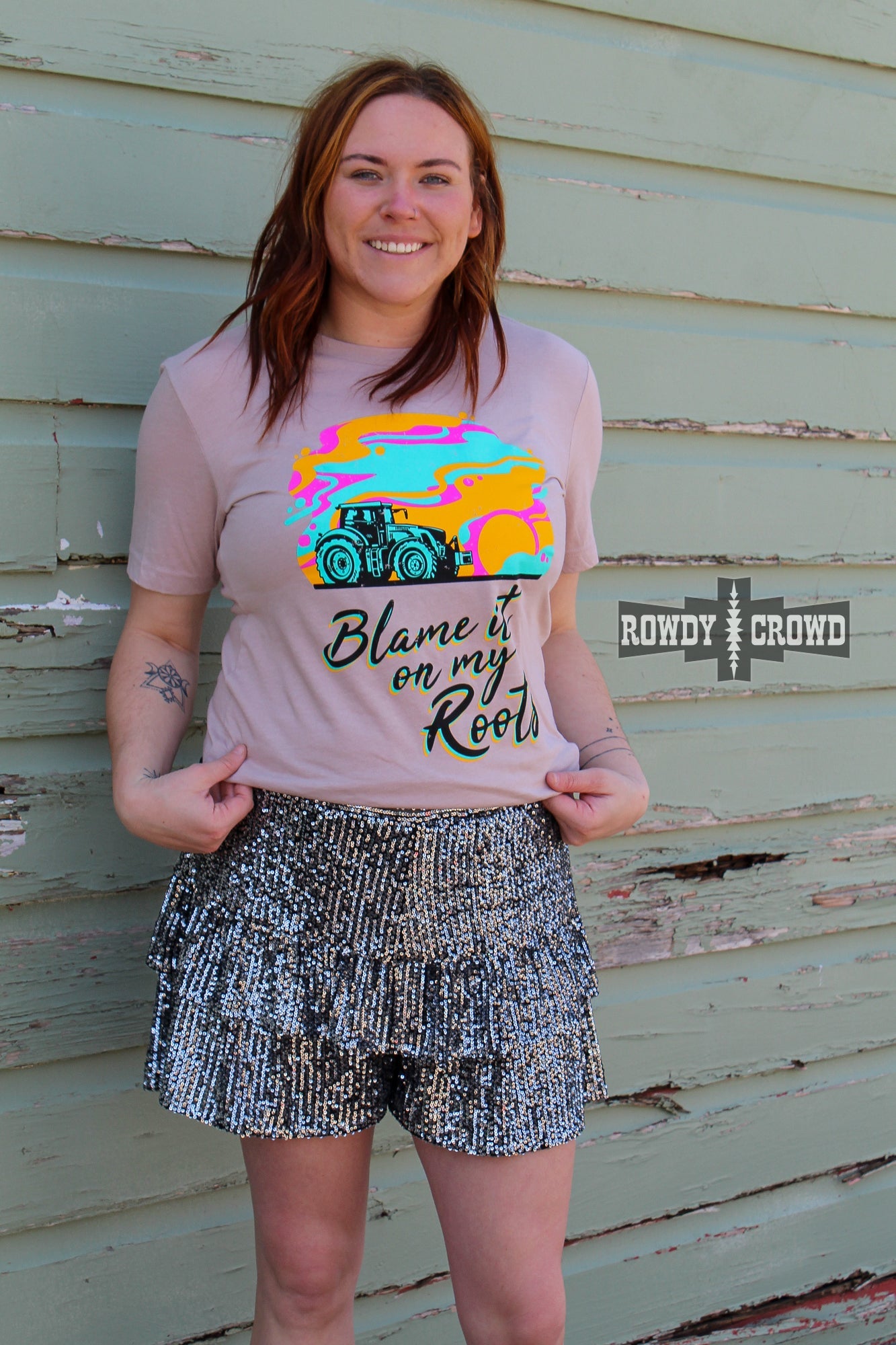 western apparel, western graphic tee, graphic western tees, wholesale clothing, western wholesale, women's western graphic tees, wholesale clothing and jewelry, western boutique clothing, western women's graphic tee, blame it on my roots tee, farming tee, women's farming tee, women's western tee, women's tractor tee