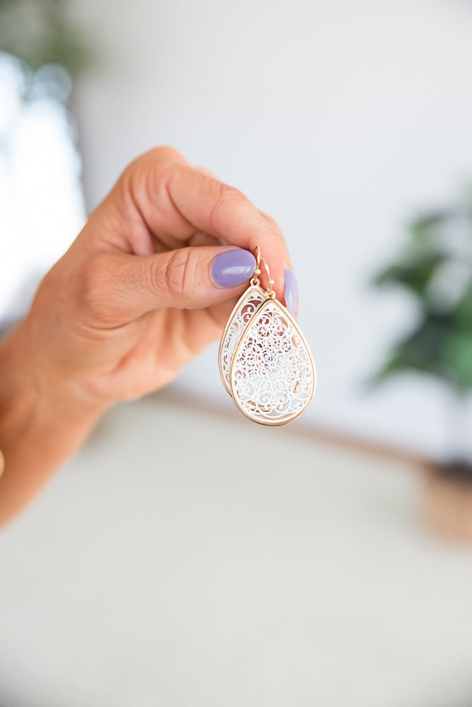 Teardrop Filigree Earrings in White