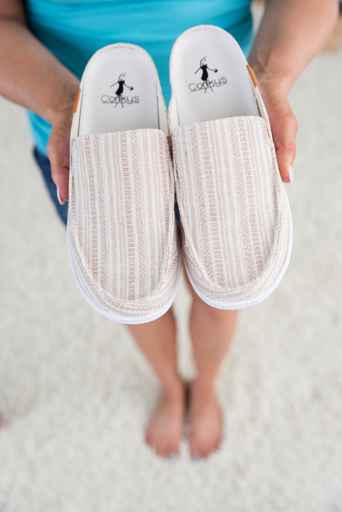 My Tan Striped Pontoons