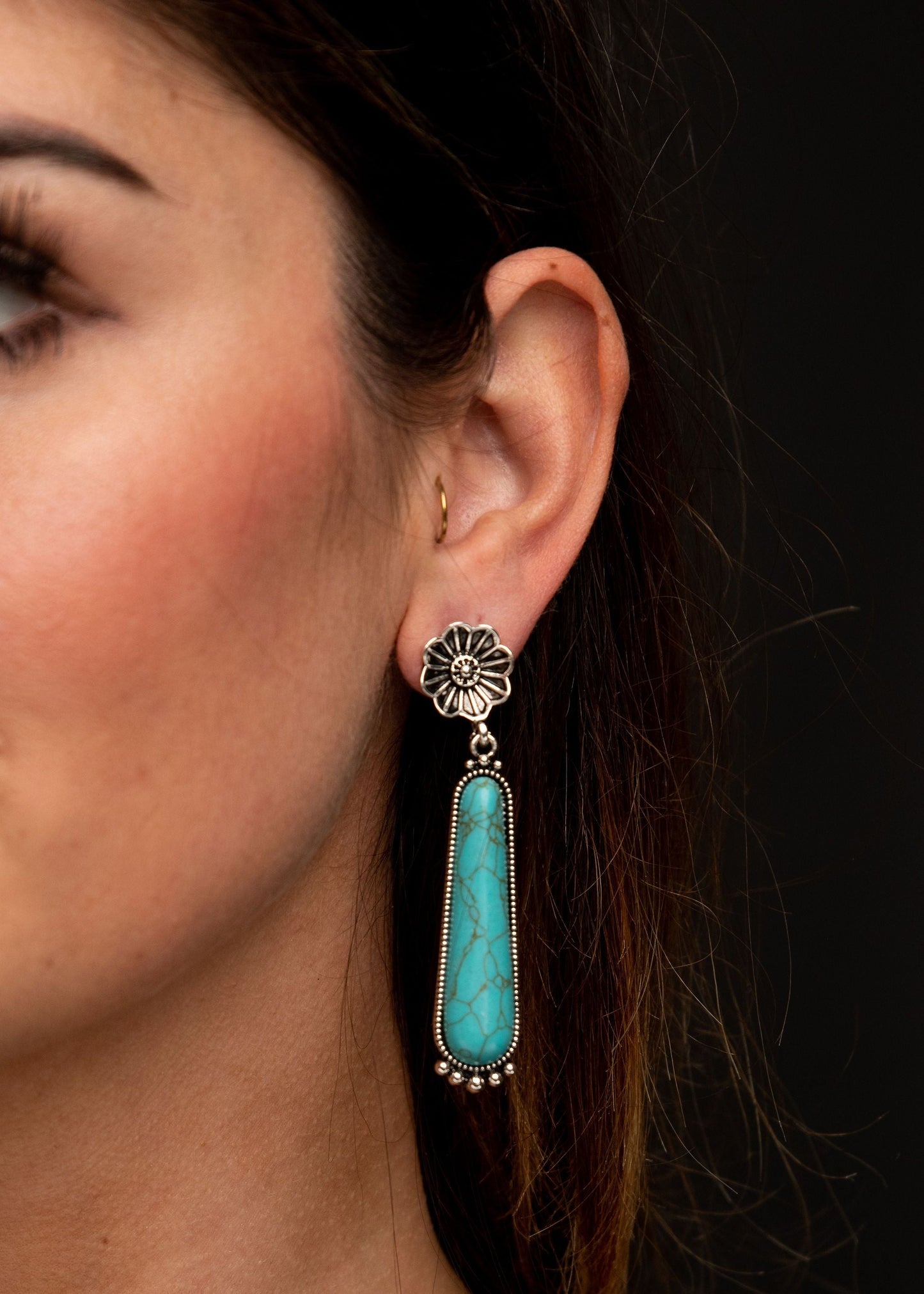 Turquoise Elongated Earrings on Burnished Silver Flower Post
