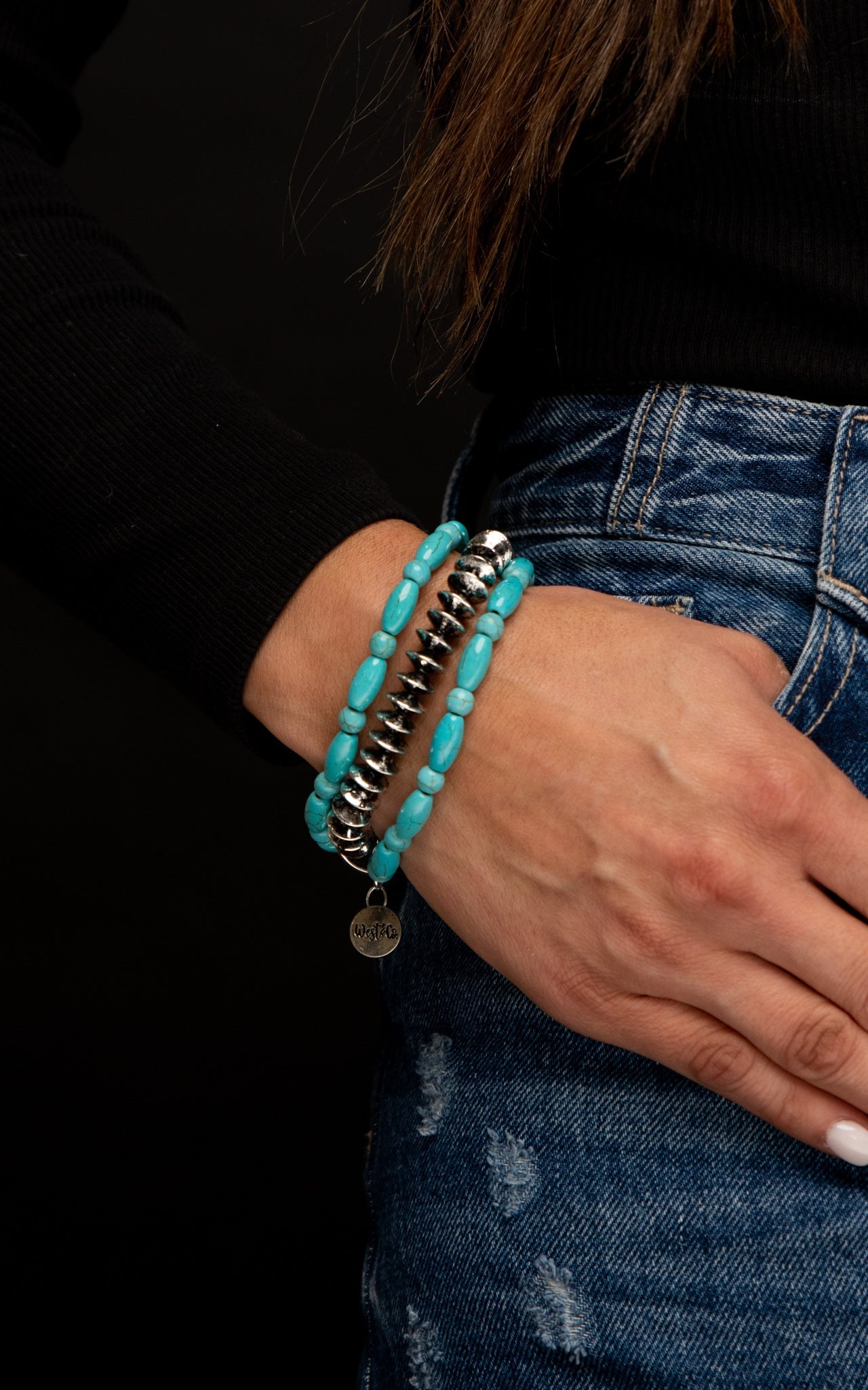 Three Strand Turquoise and Silver Disc Bead Stretch Bracelet