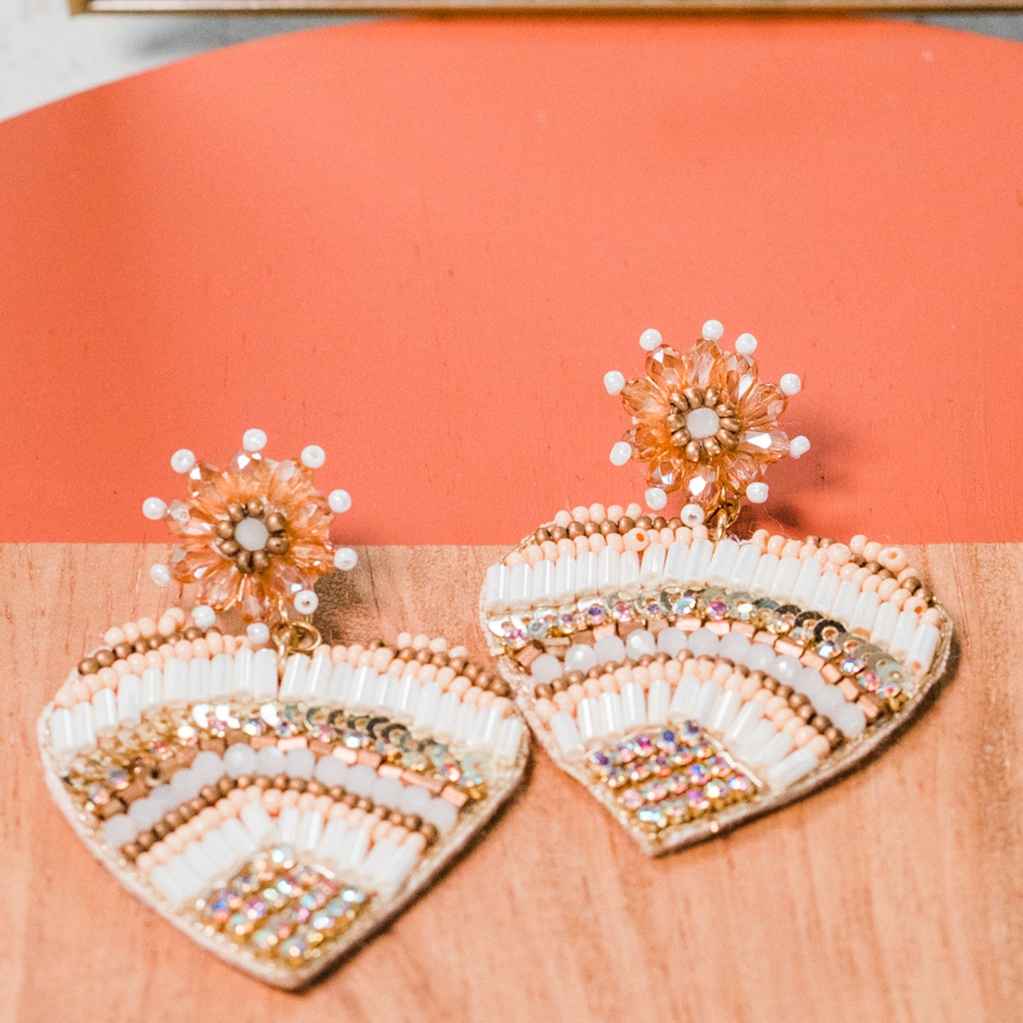 White and Gold Seed Bead Heart Earrings