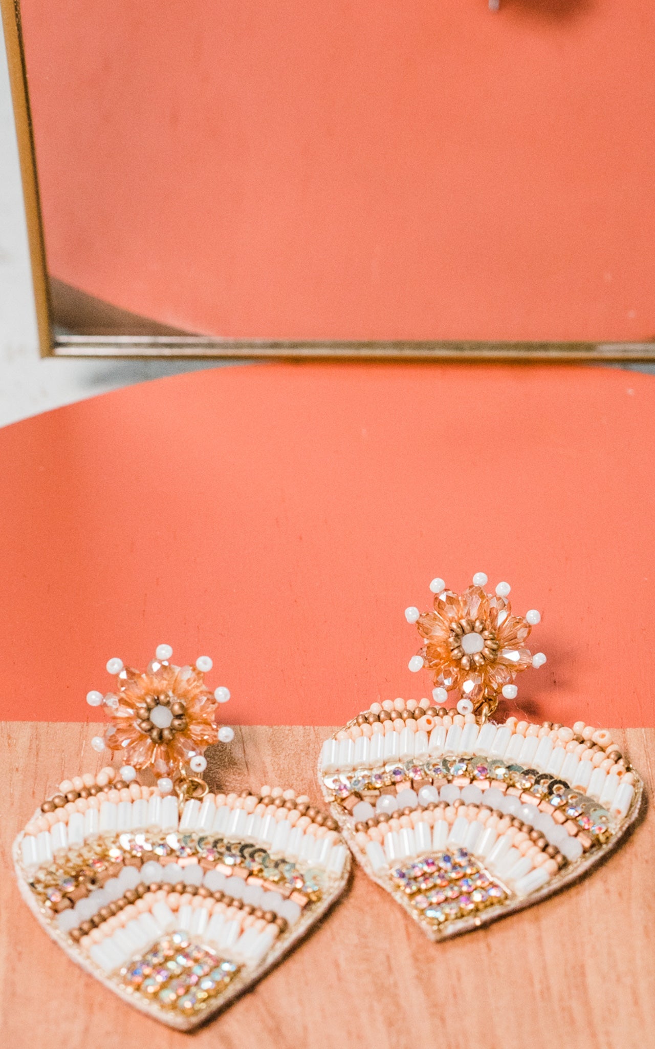 White and Gold Seed Bead Heart Earrings