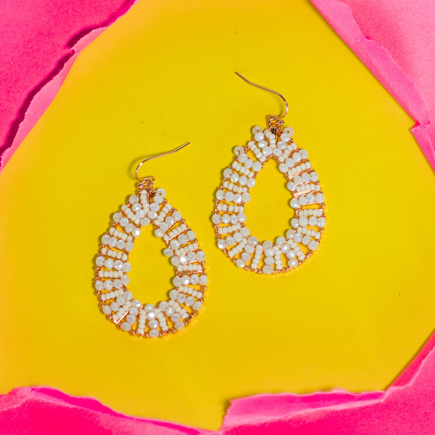White Seed Bead and Crystal Teardrop Earrings