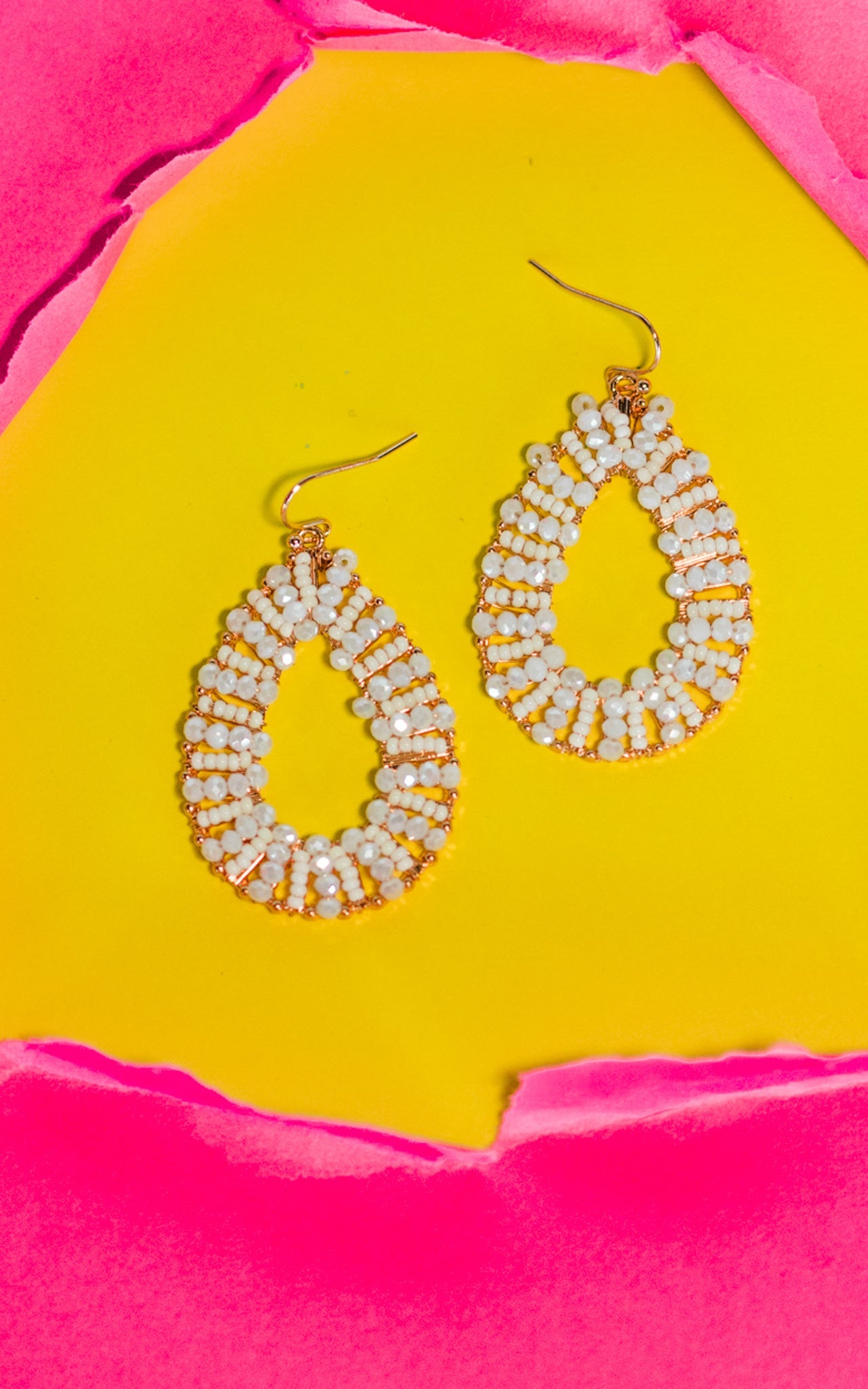 White Seed Bead and Crystal Teardrop Earrings