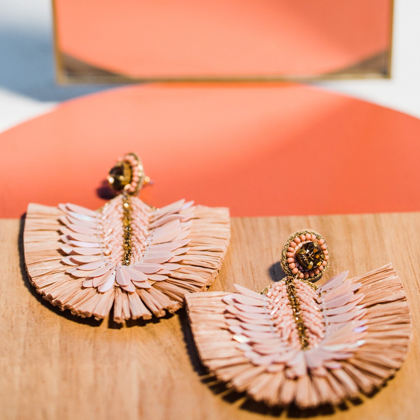 Dusty Pink Raffia Fringe Earrings