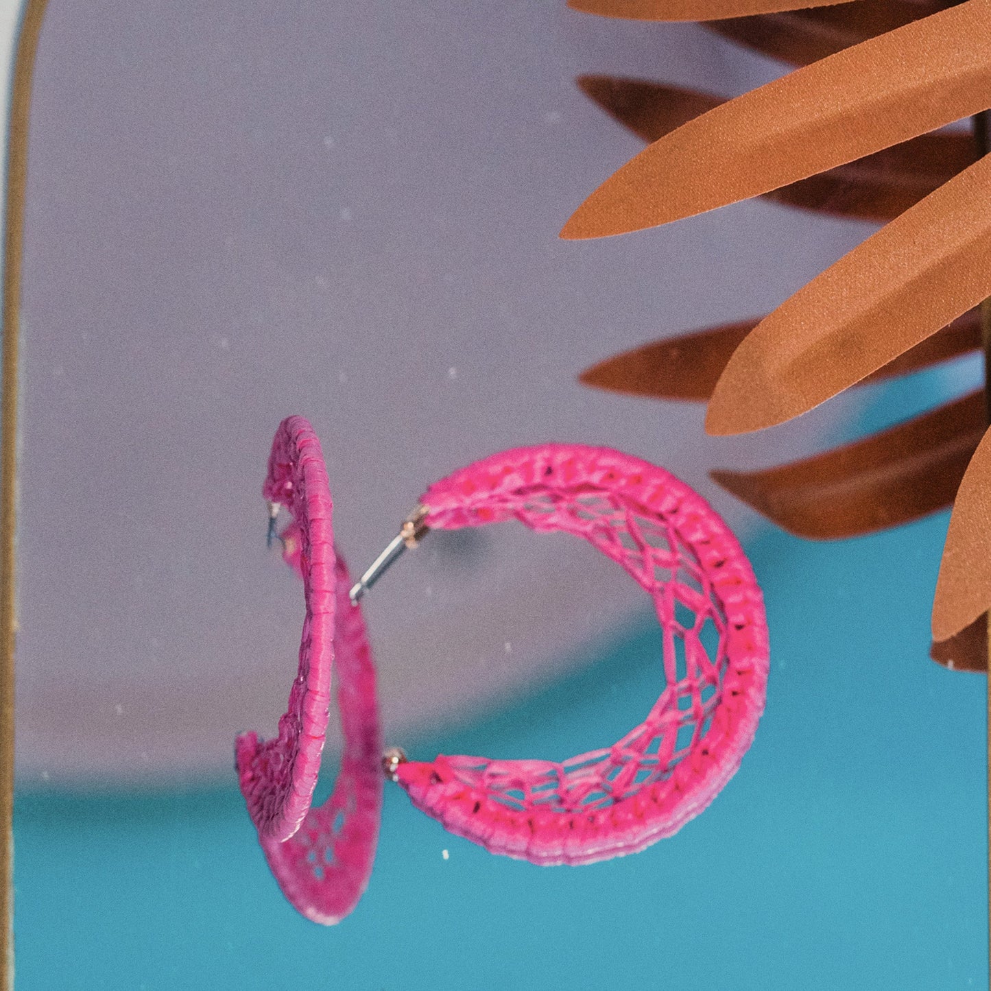 Raffia Woven Hoops in Fuchsia