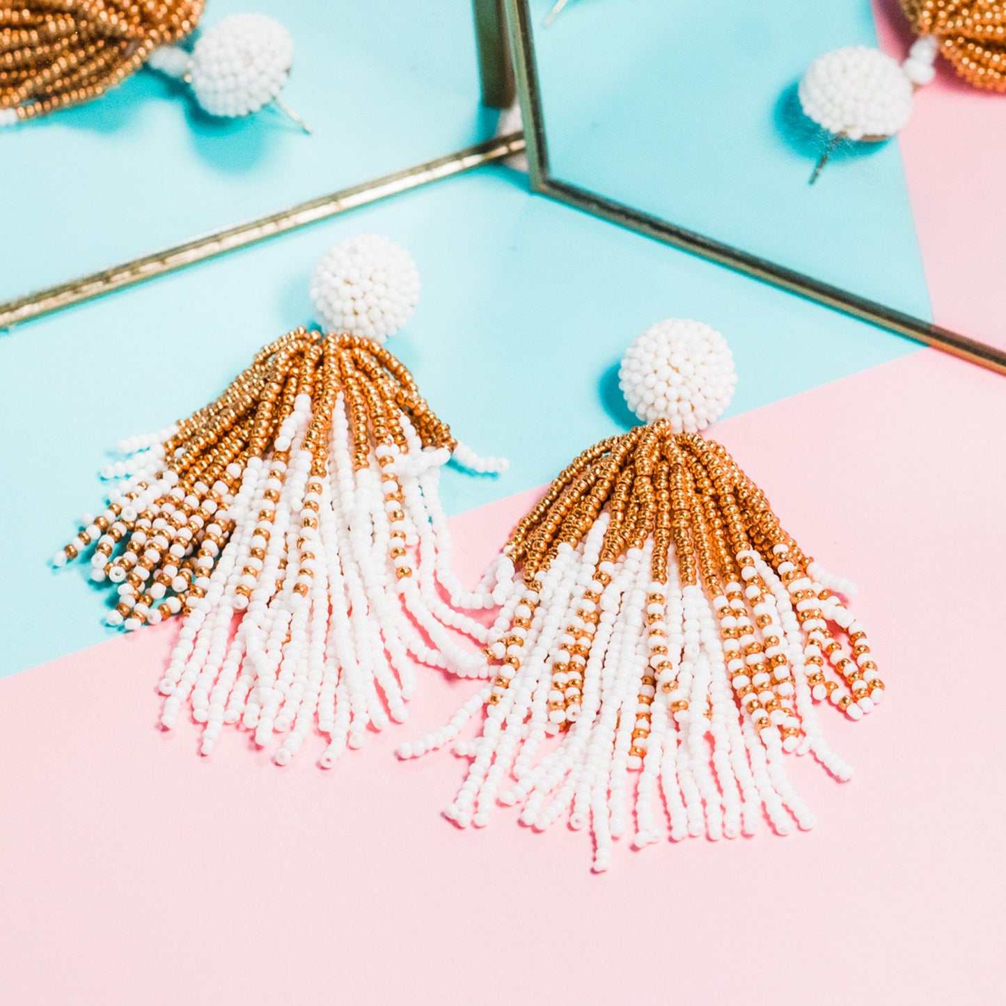 Gold and White Seed Bead Tassel Earrings