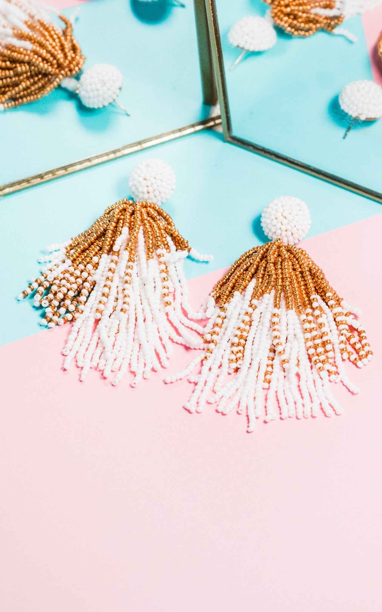 Gold and White Seed Bead Tassel Earrings