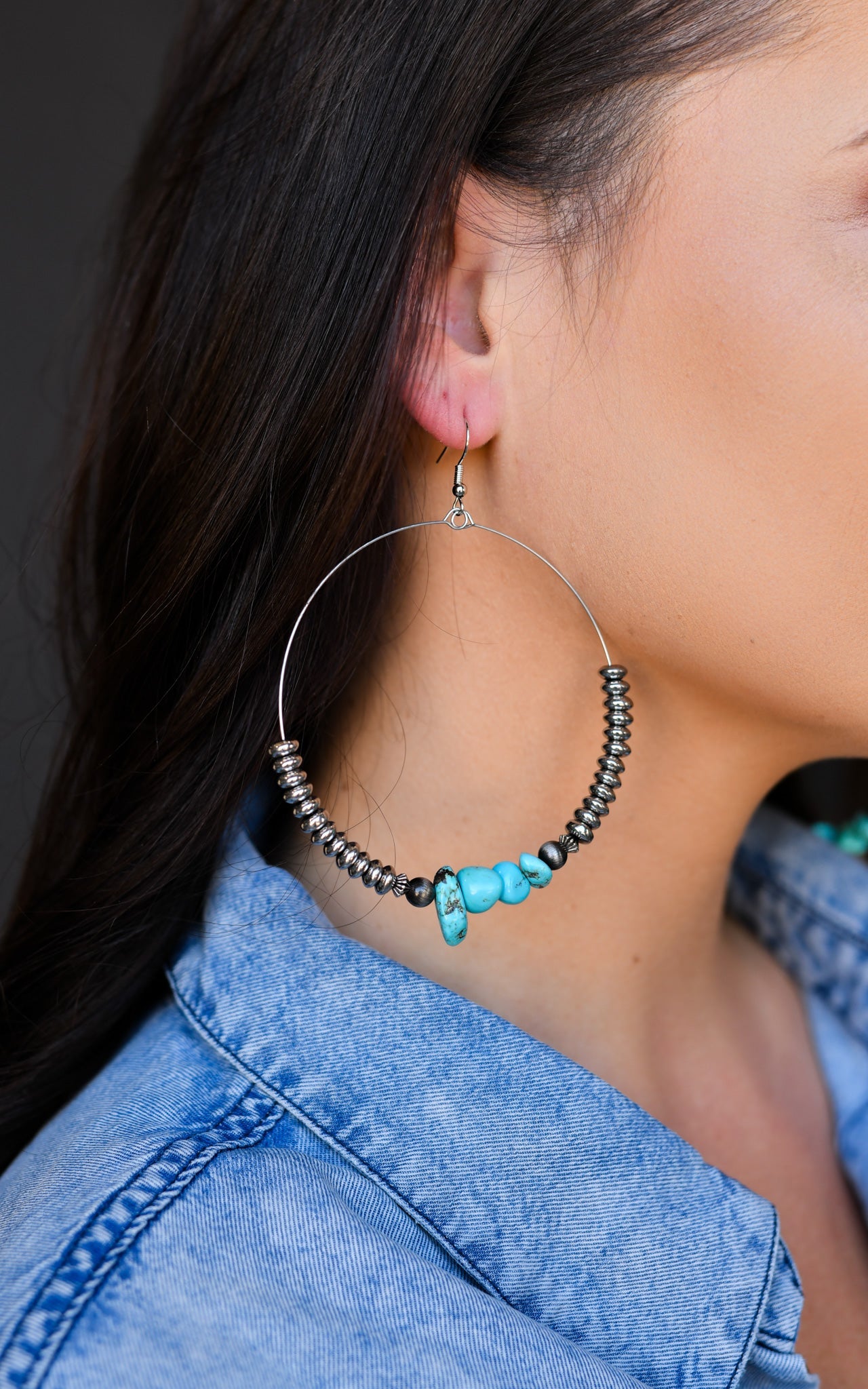 Three Inch Metallic Silver Disc and Turquoise Chunk Hoop
