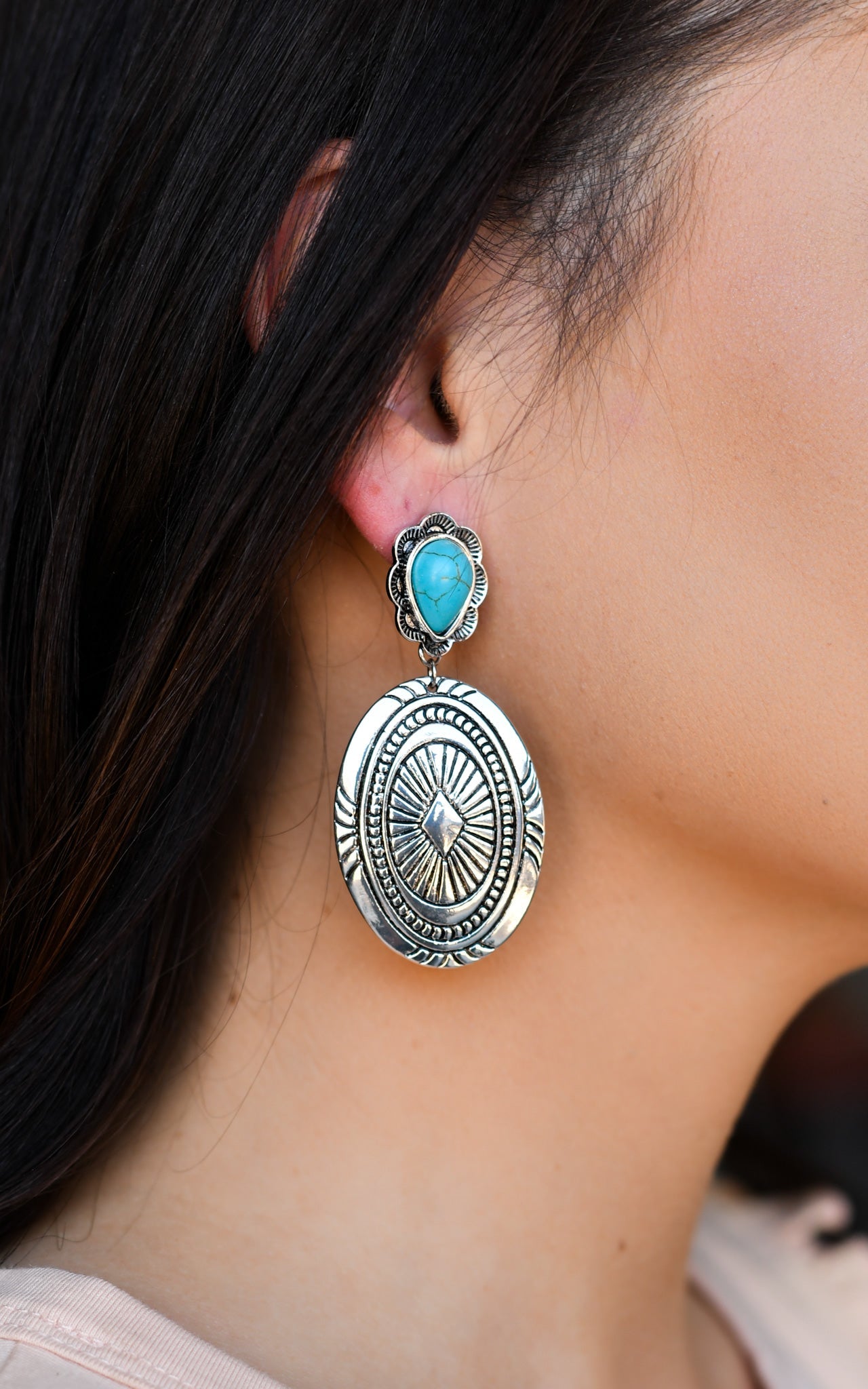 Silver Concho Earrings with Turquoise Teardrop Post