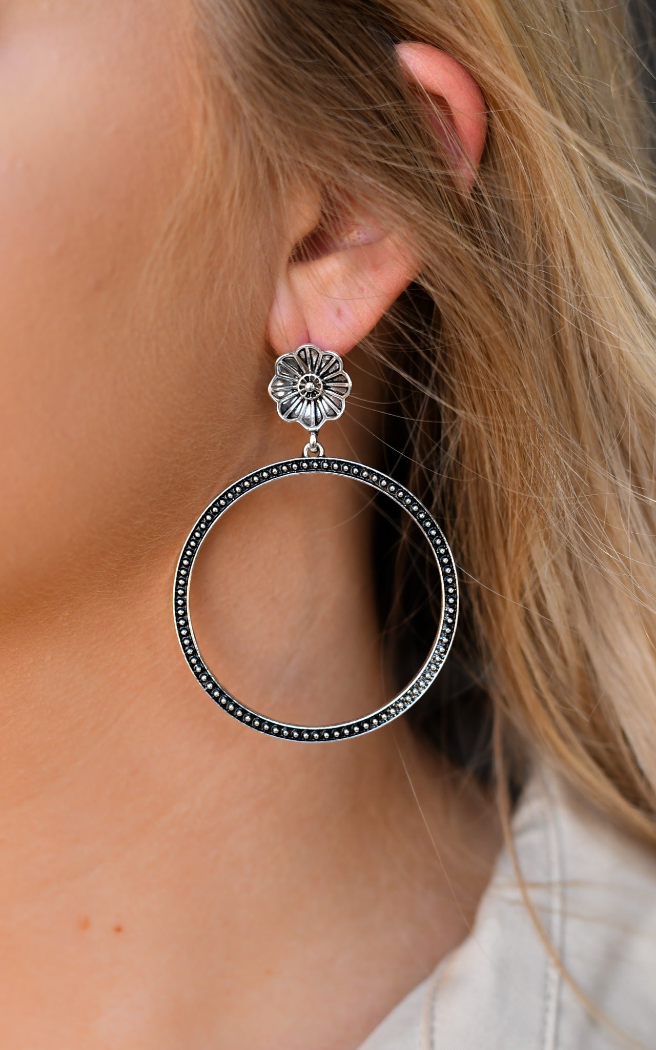 Silver Dotted Hoop Earring on Flower Post